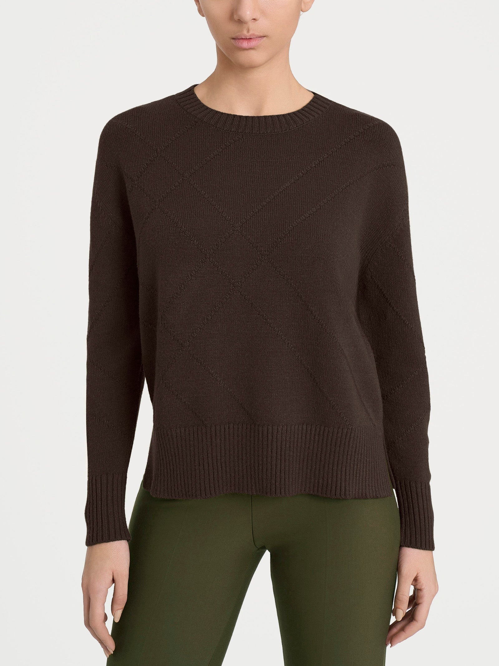 Maglia girocollo con fantasia check diagonale in Super Soft Marroni Donna - Ragno