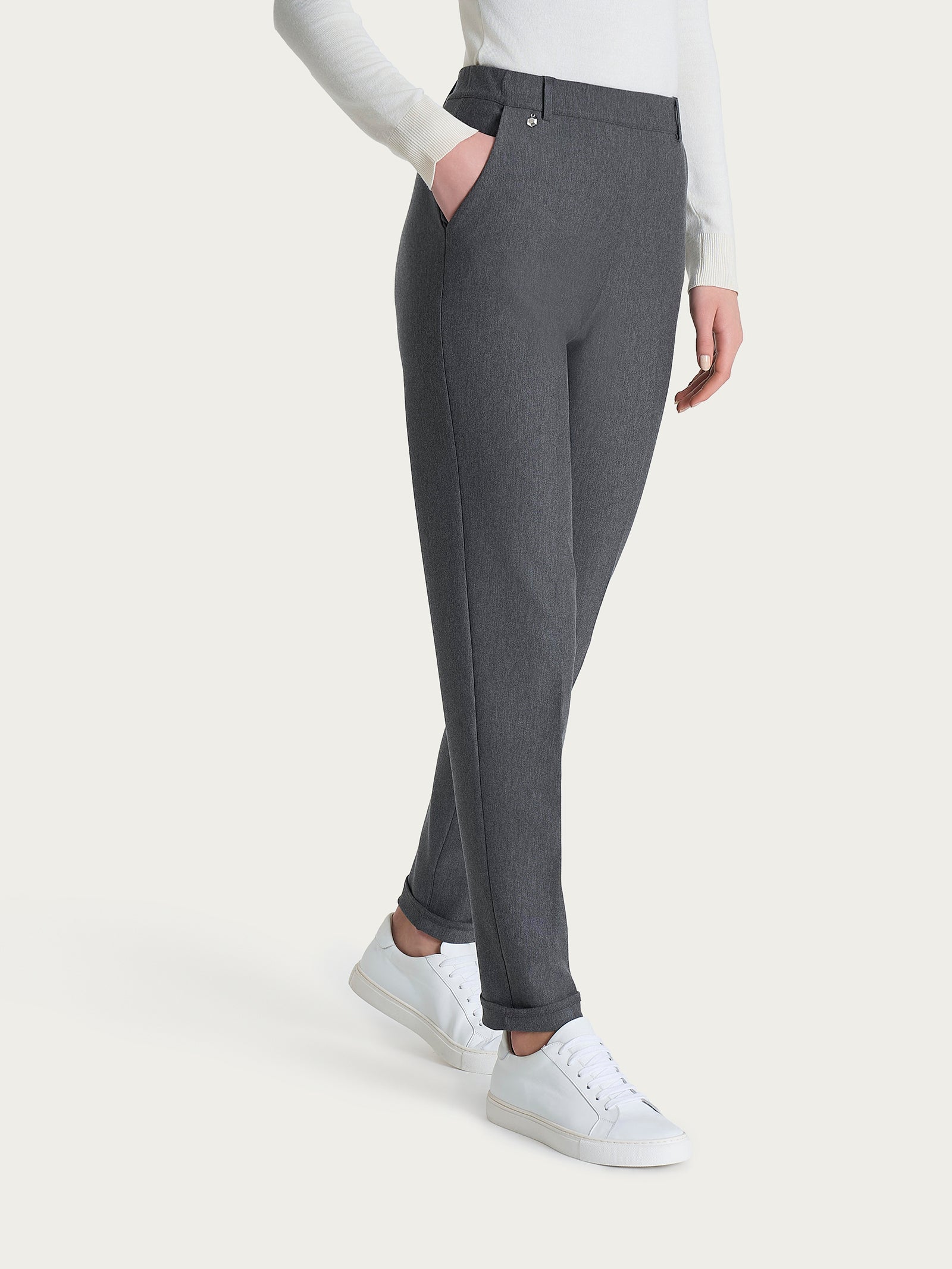 Pantalone chino slim con tasche e risvolto in Compact Neri Donna - Ragno
