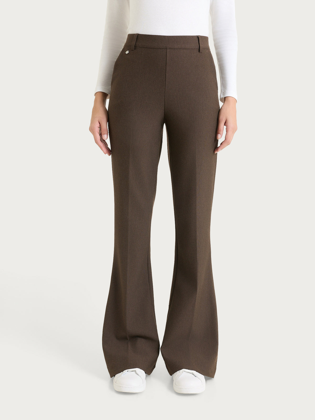Women's Long Flared Pants with Pockets in Brown Compact - Ragno