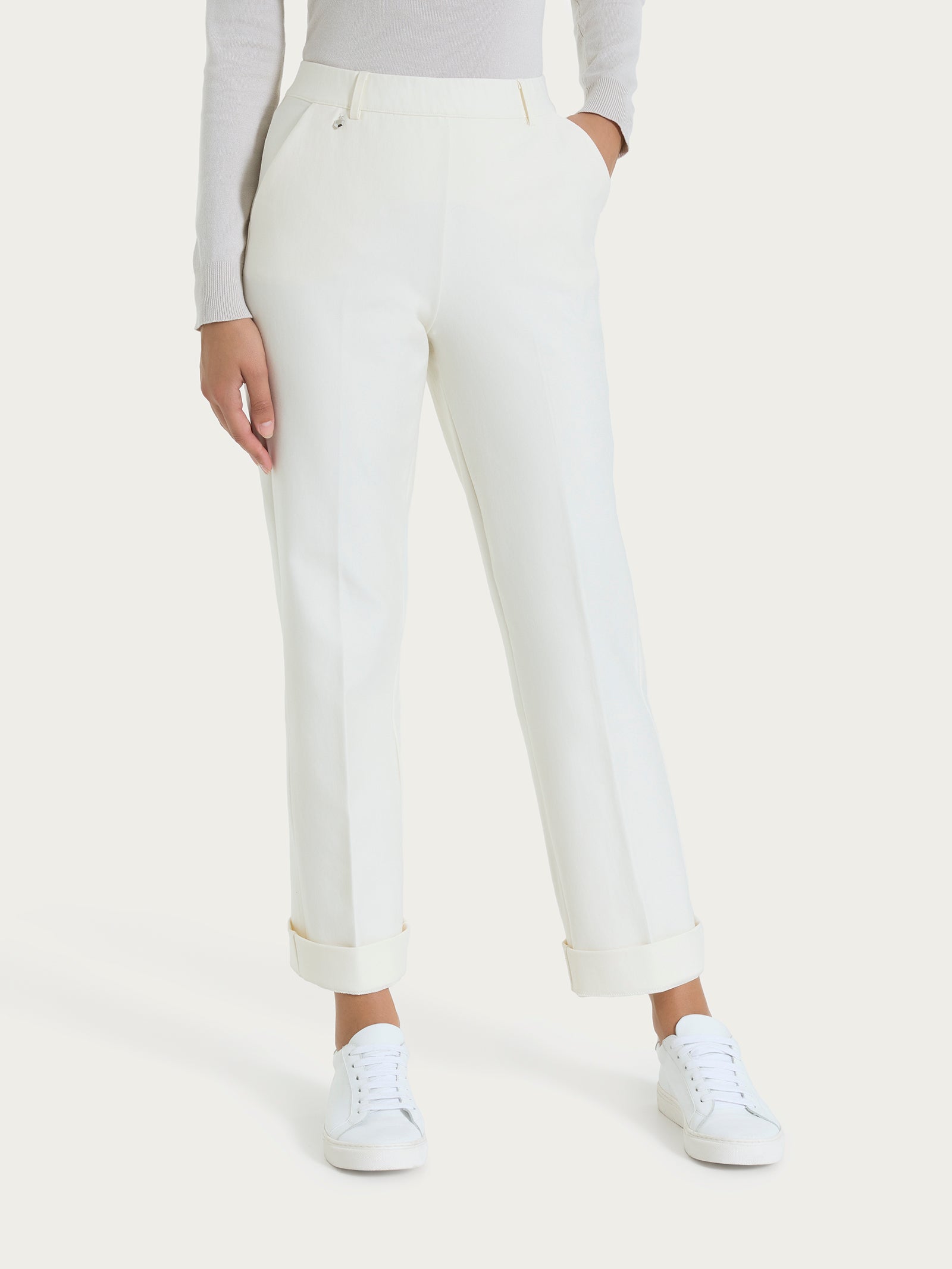 Pantalone ampio con tasche e risvolto in Compact Bianchi Donna - Ragno