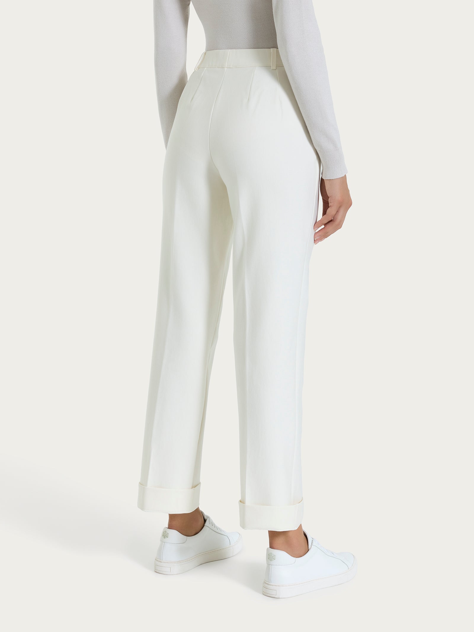 Pantalone ampio con tasche e risvolto in Compact Bianchi Donna - Ragno