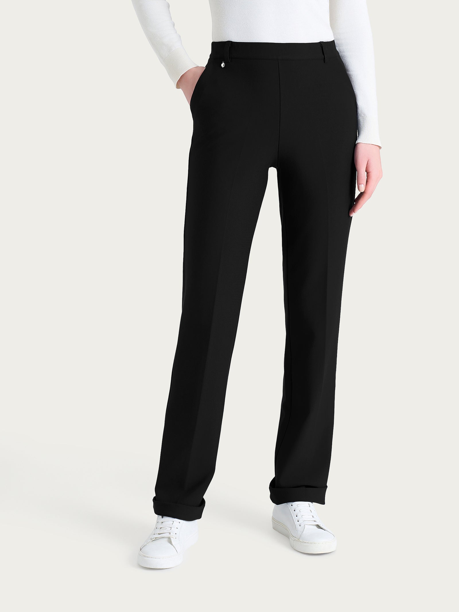 Pantalone ampio con tasche e risvolto in Compact Neri Donna - Ragno