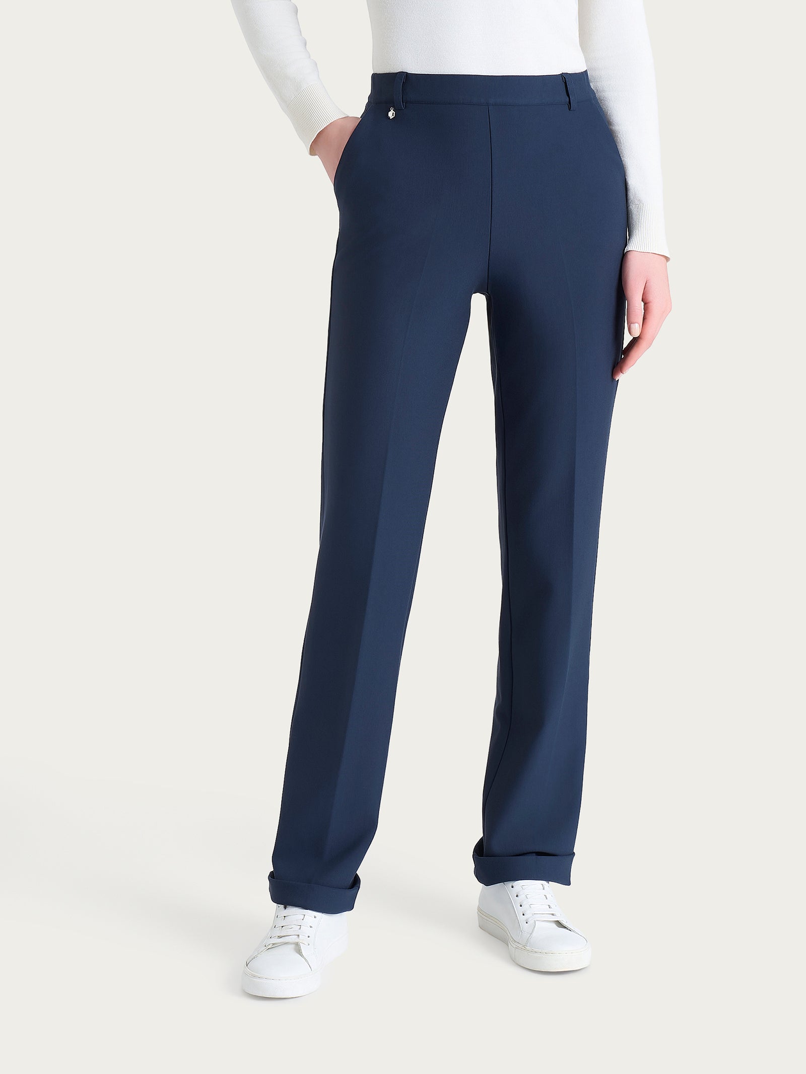 Pantalone ampio con tasche e risvolto in Compact Blu Donna - Ragno