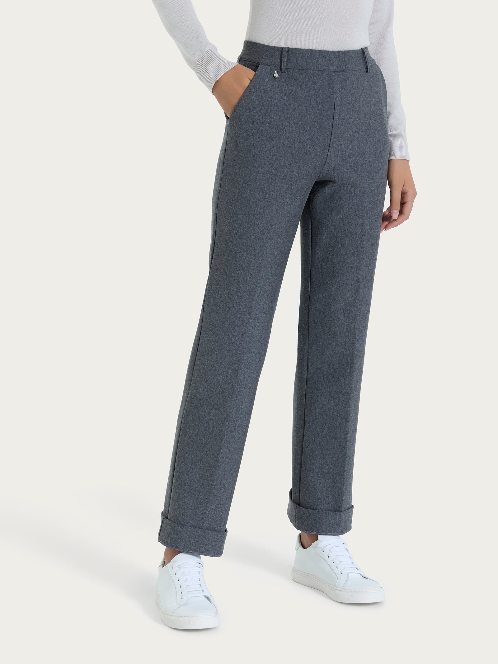 Pantalone ampio con tasche e risvolto in Compact Neri Donna - Ragno