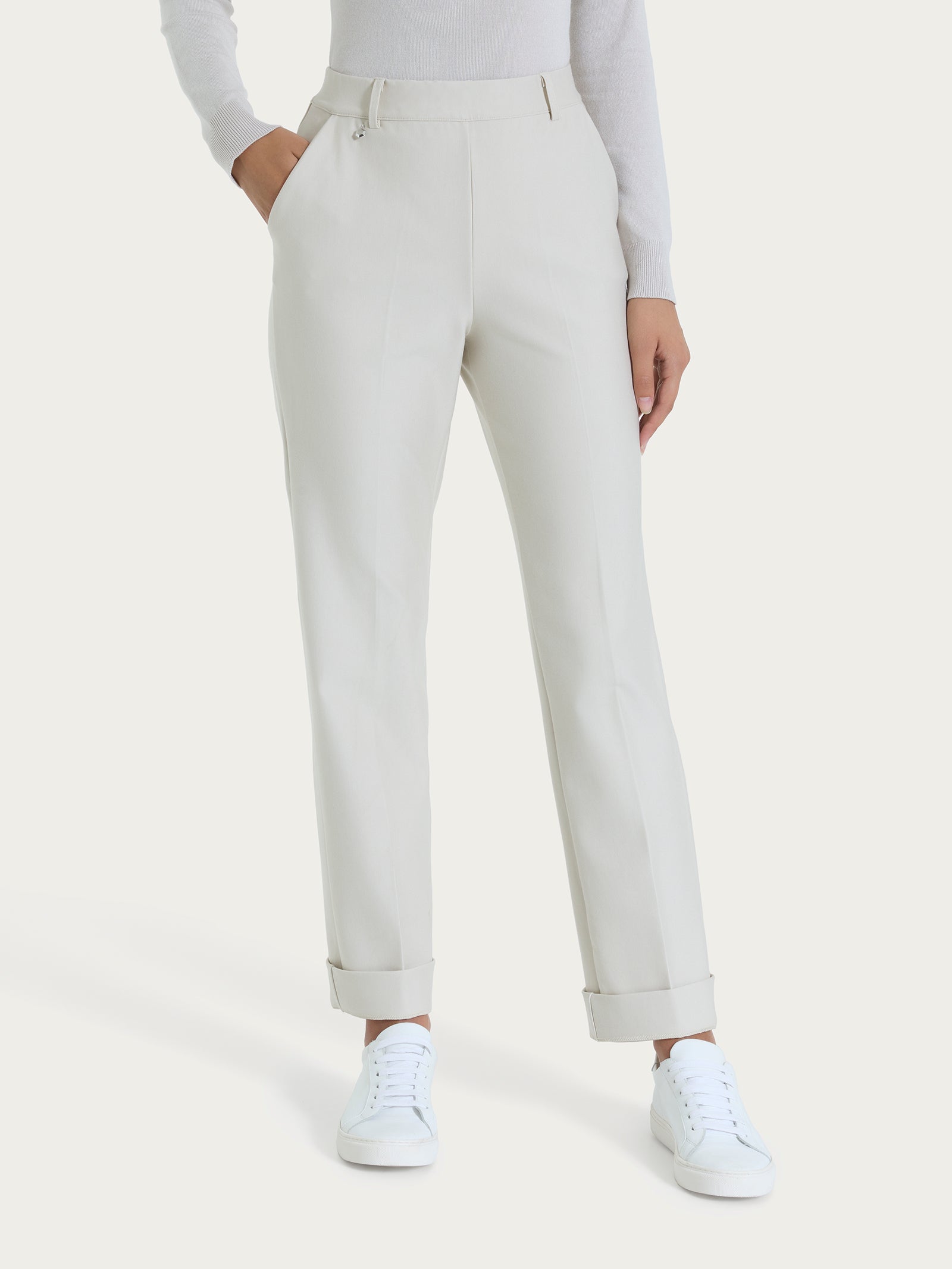 Pantalone ampio con tasche e risvolto in Compact Bianchi Donna - Ragno