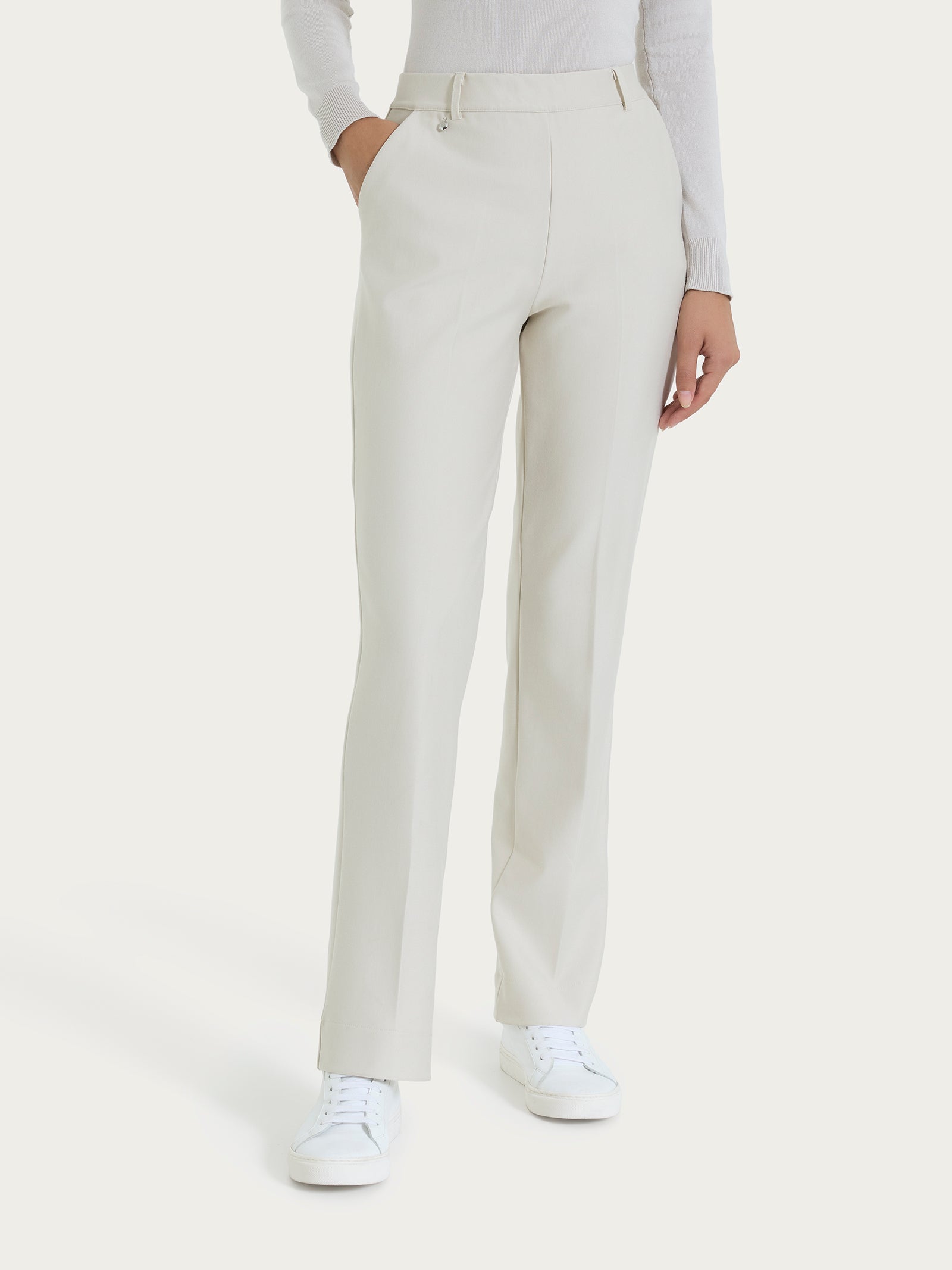 Pantalone ampio con tasche e risvolto in Compact Bianchi Donna - Ragno