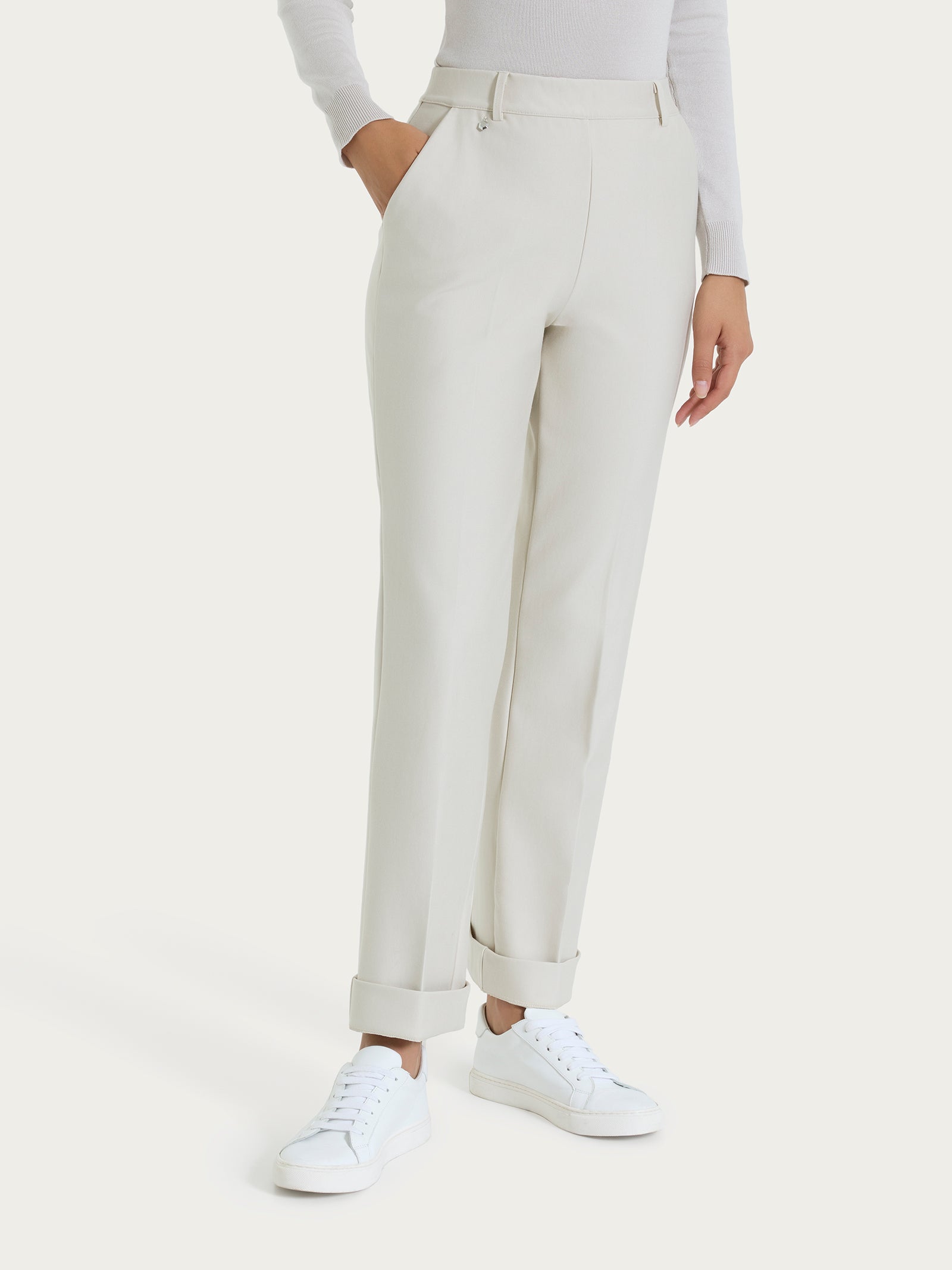 Pantalone ampio con tasche e risvolto in Compact Bianchi Donna - Ragno