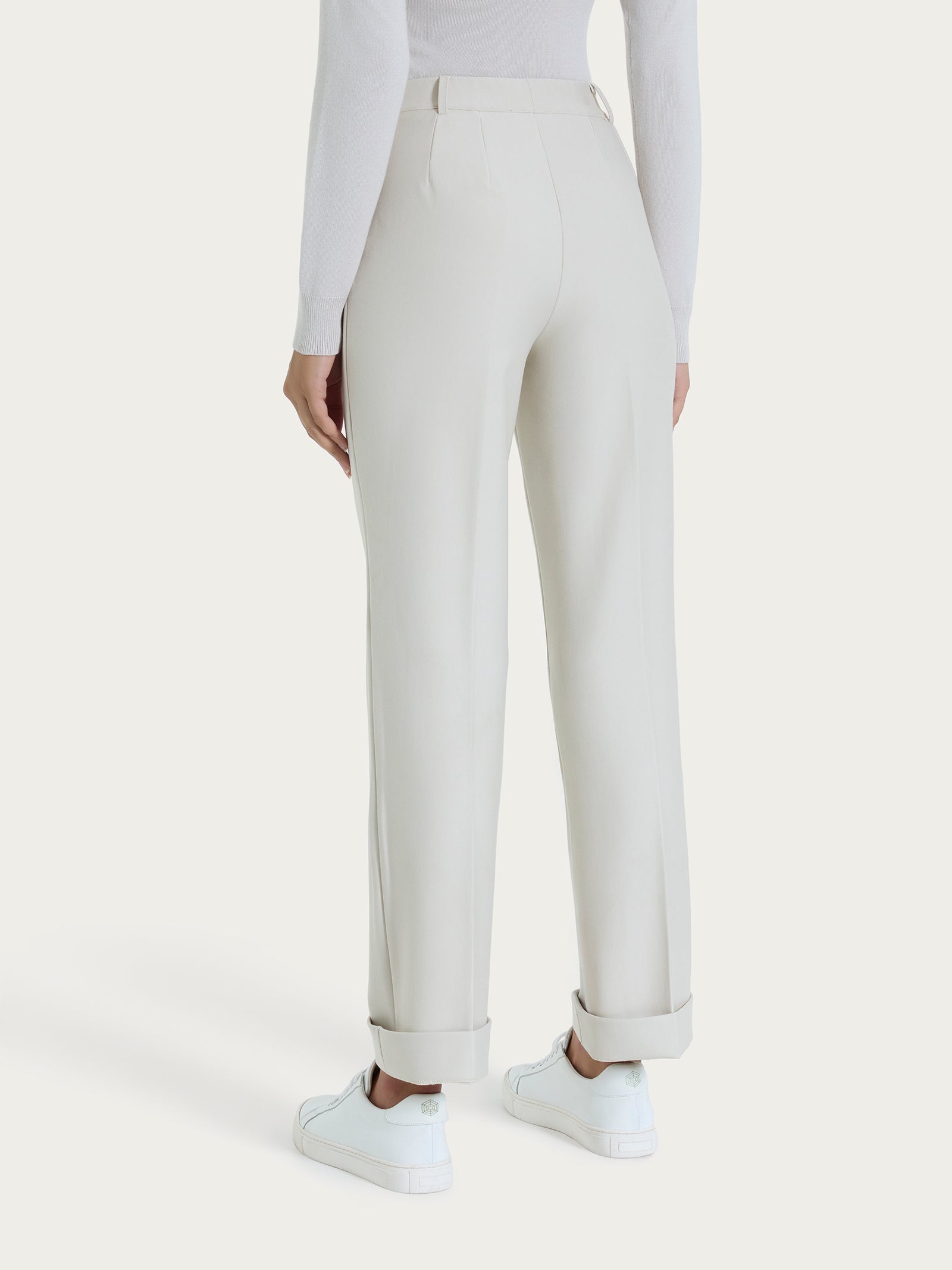 Pantalone ampio con tasche e risvolto in Compact Bianchi Donna - Ragno
