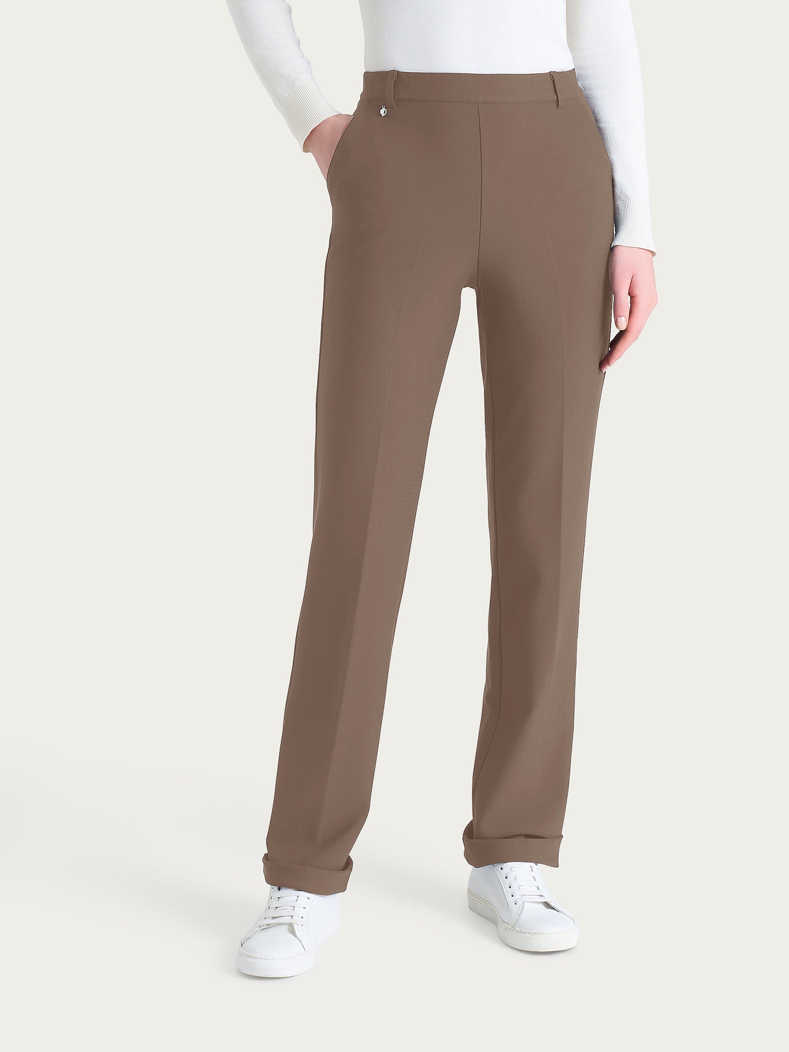 Pantalone ampio con tasche e risvolto in Compact Marroni Donna - Ragno