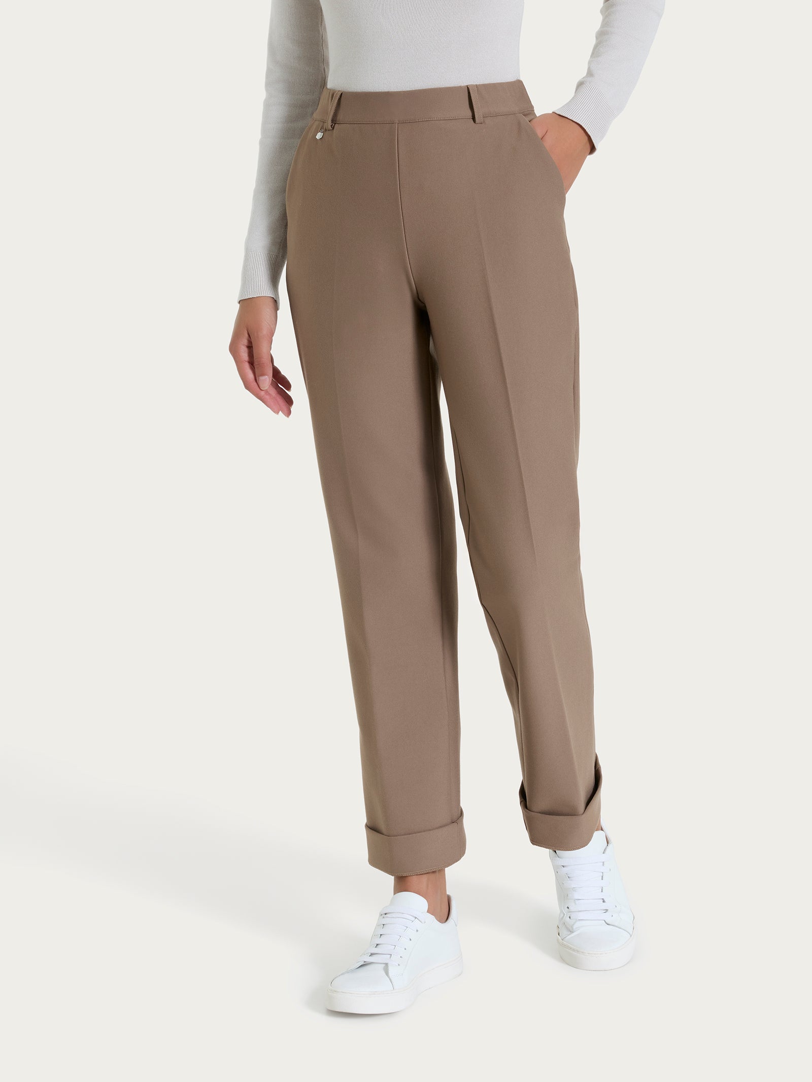 Pantalone ampio con tasche e risvolto in Compact Marroni Donna - Ragno