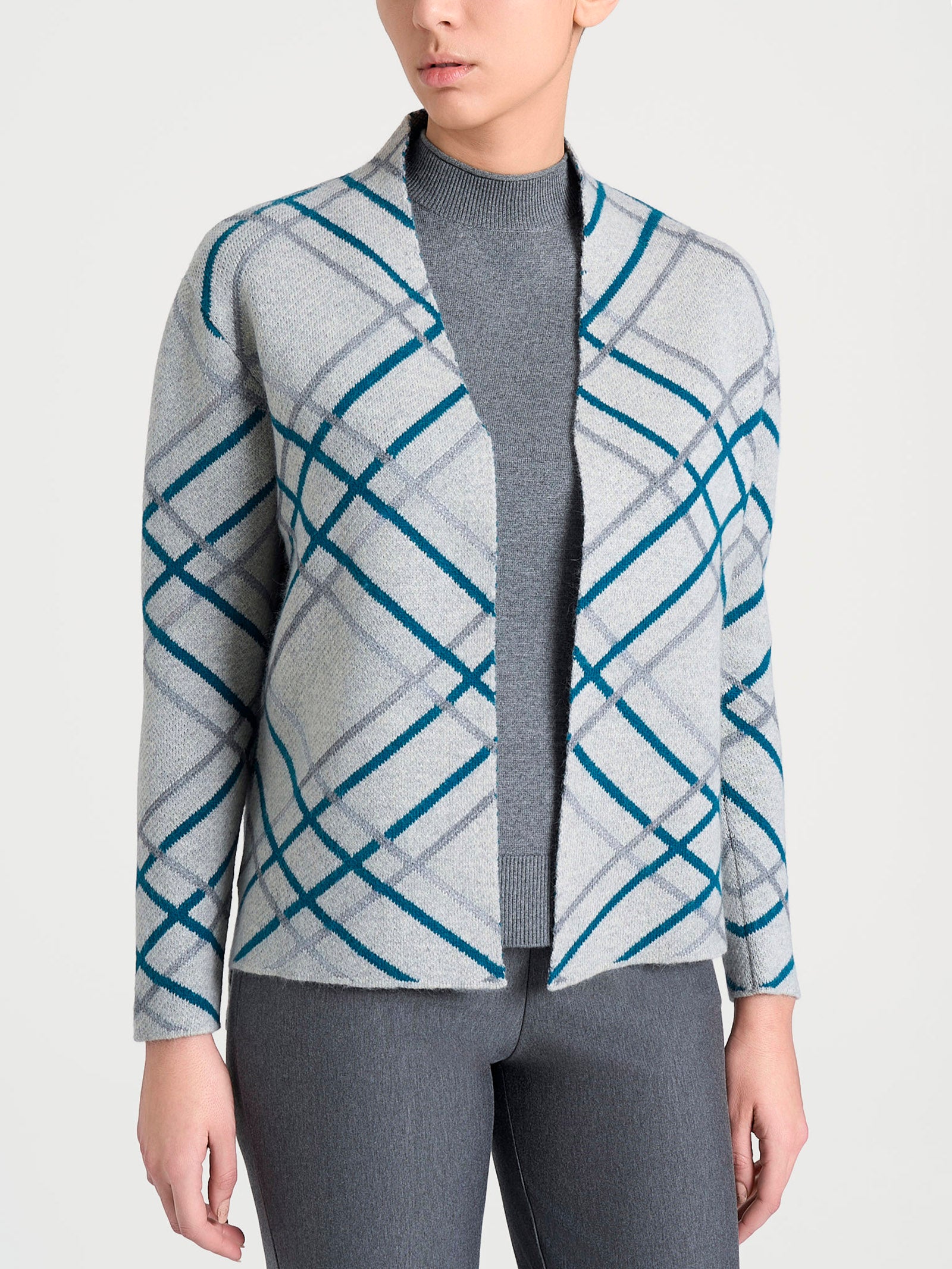 Cardigan aperto con fantasia check in Natural Soft - Fant.Ghiaia Mel ...
