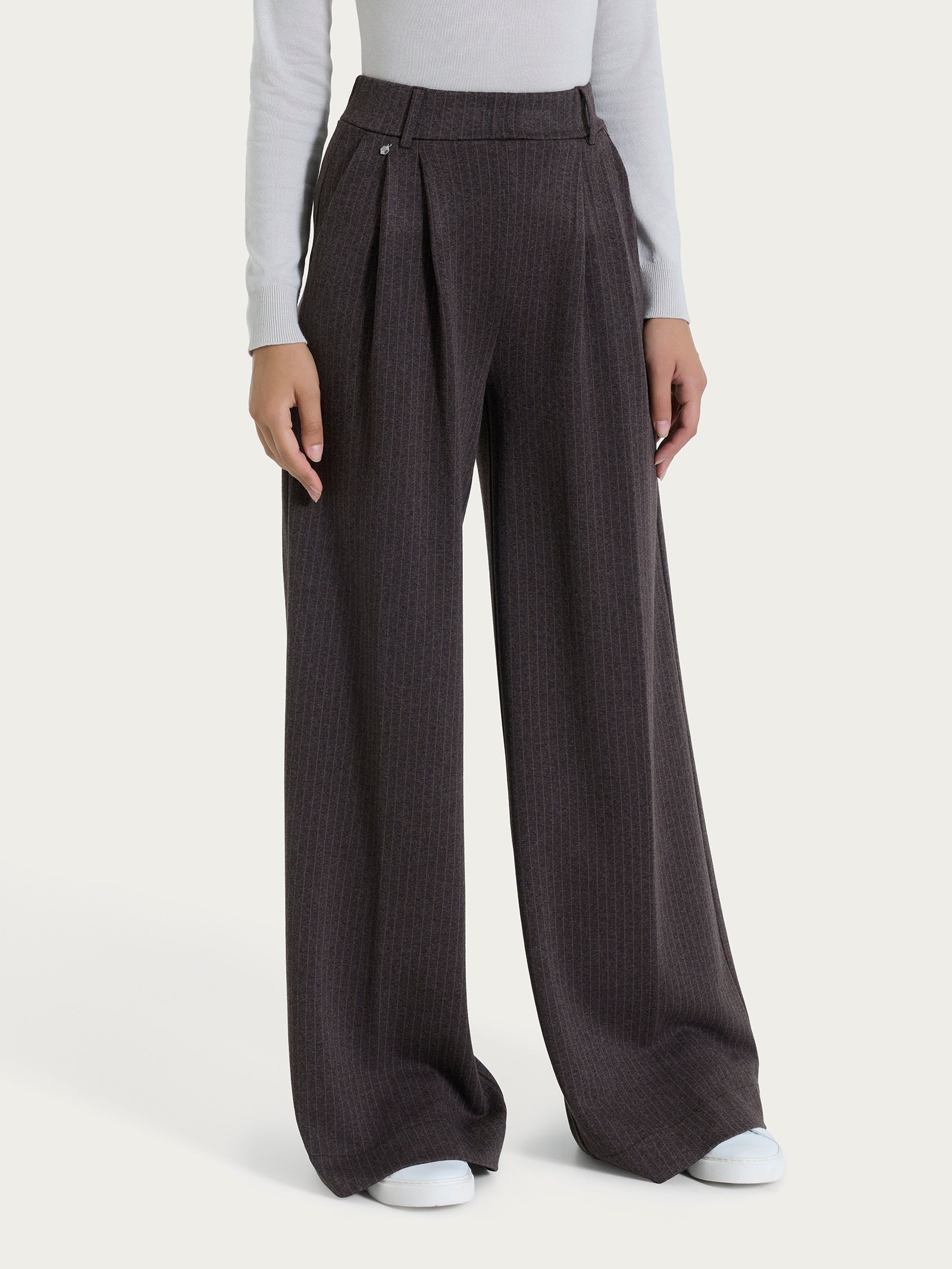 Pantalone gessato a palazzo con tasche e pinces in Eco Jacquard Marroni Donna - Ragno