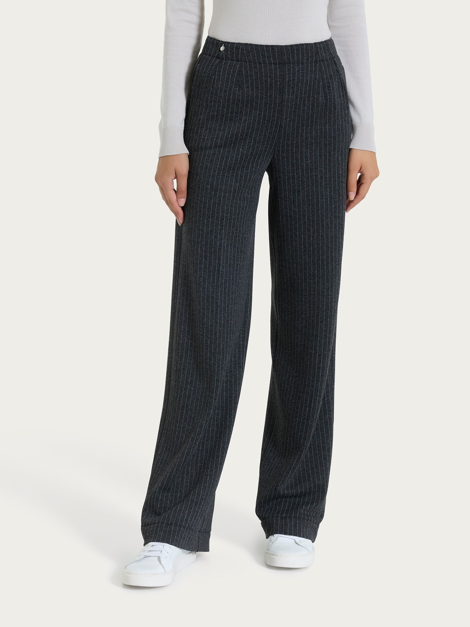 Pantalone gessato ampio con tasche in Eco Jacquard Neri Donna - Ragno