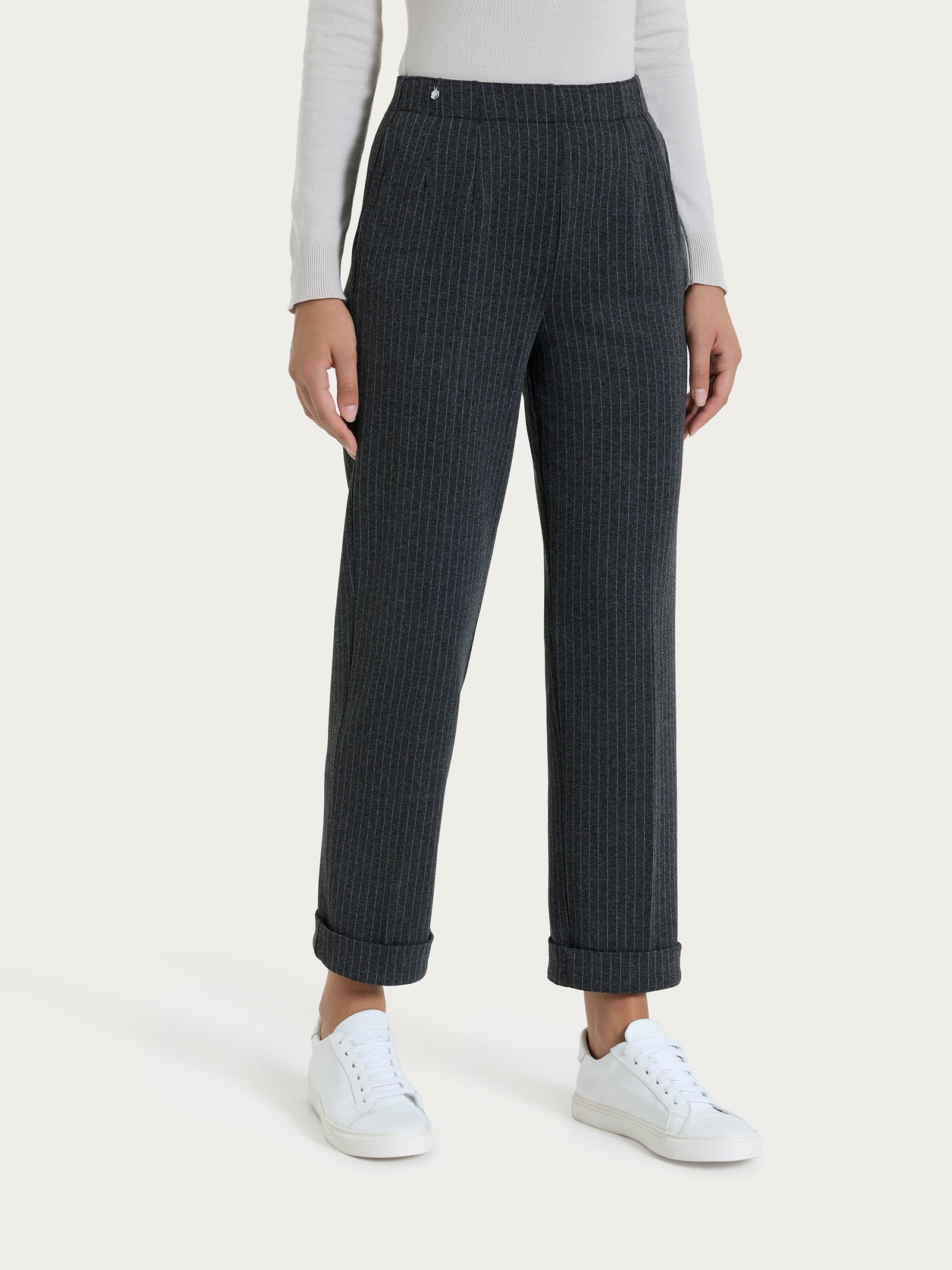 Pantalone gessato dritto con tasche in Eco Jacquard Neri Donna - Ragno
