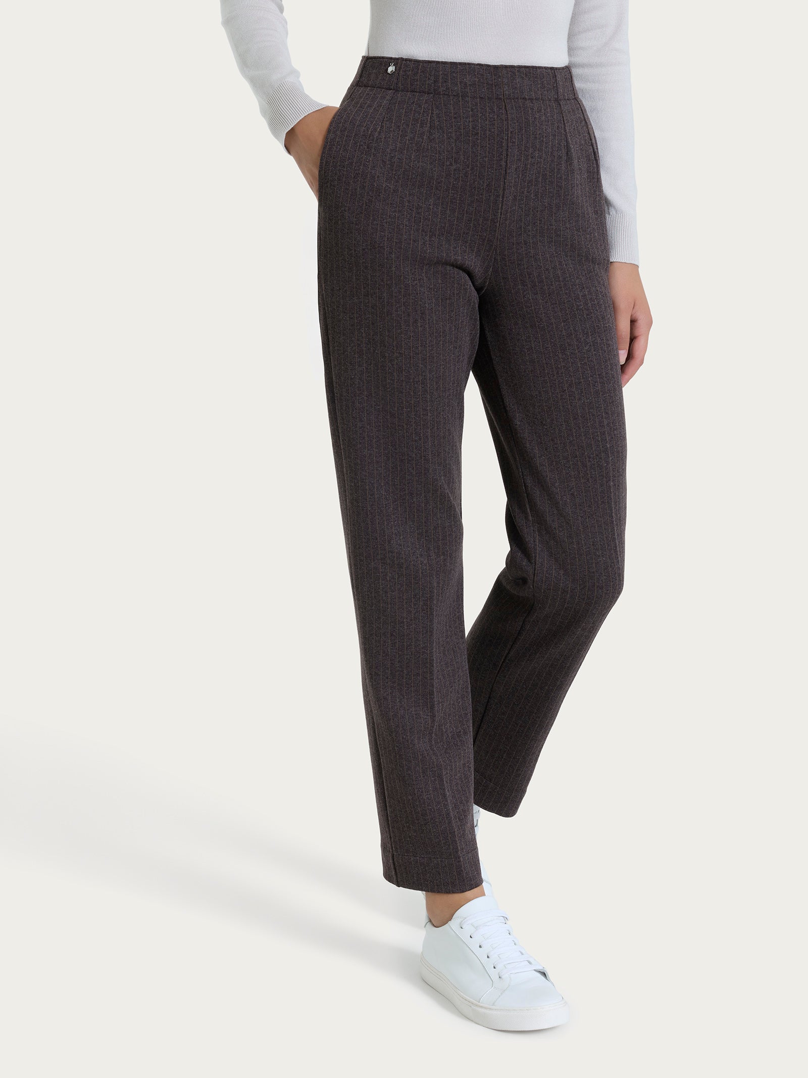 Pantalone gessato dritto con tasche in Eco Jacquard Marroni Donna - Ragno