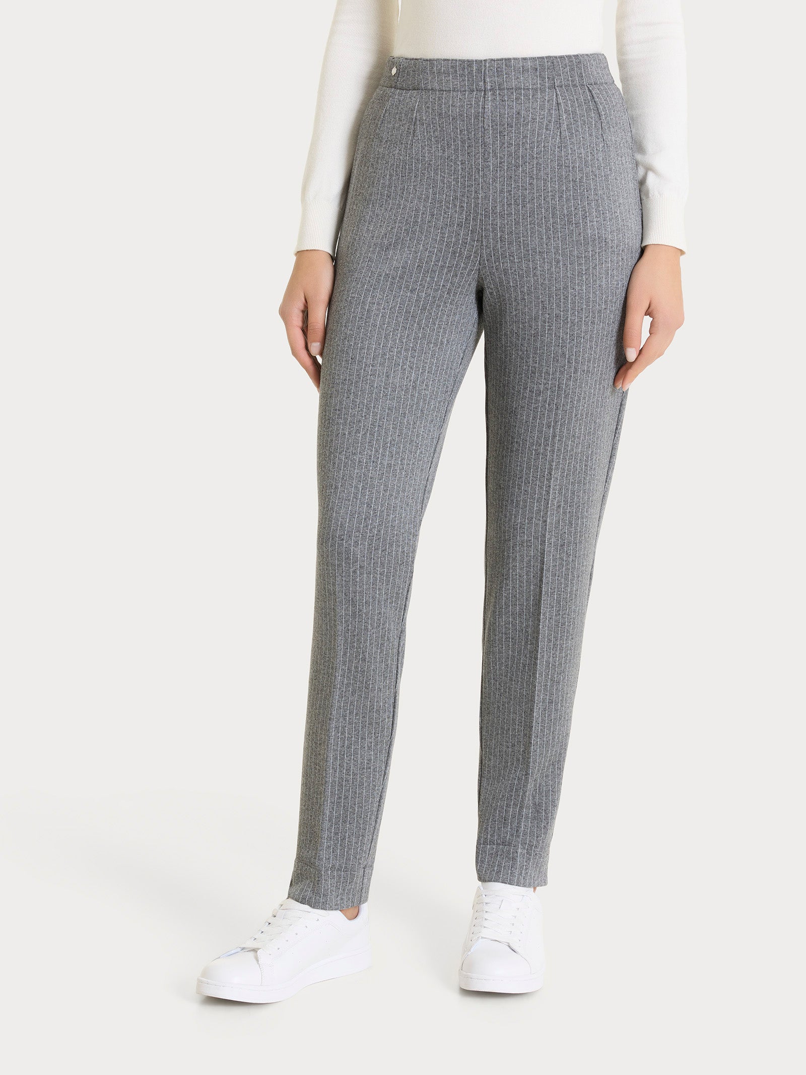 Pantalone gessato a sigaretta con spacchetti in Eco Jacquard Neri Donna - Ragno