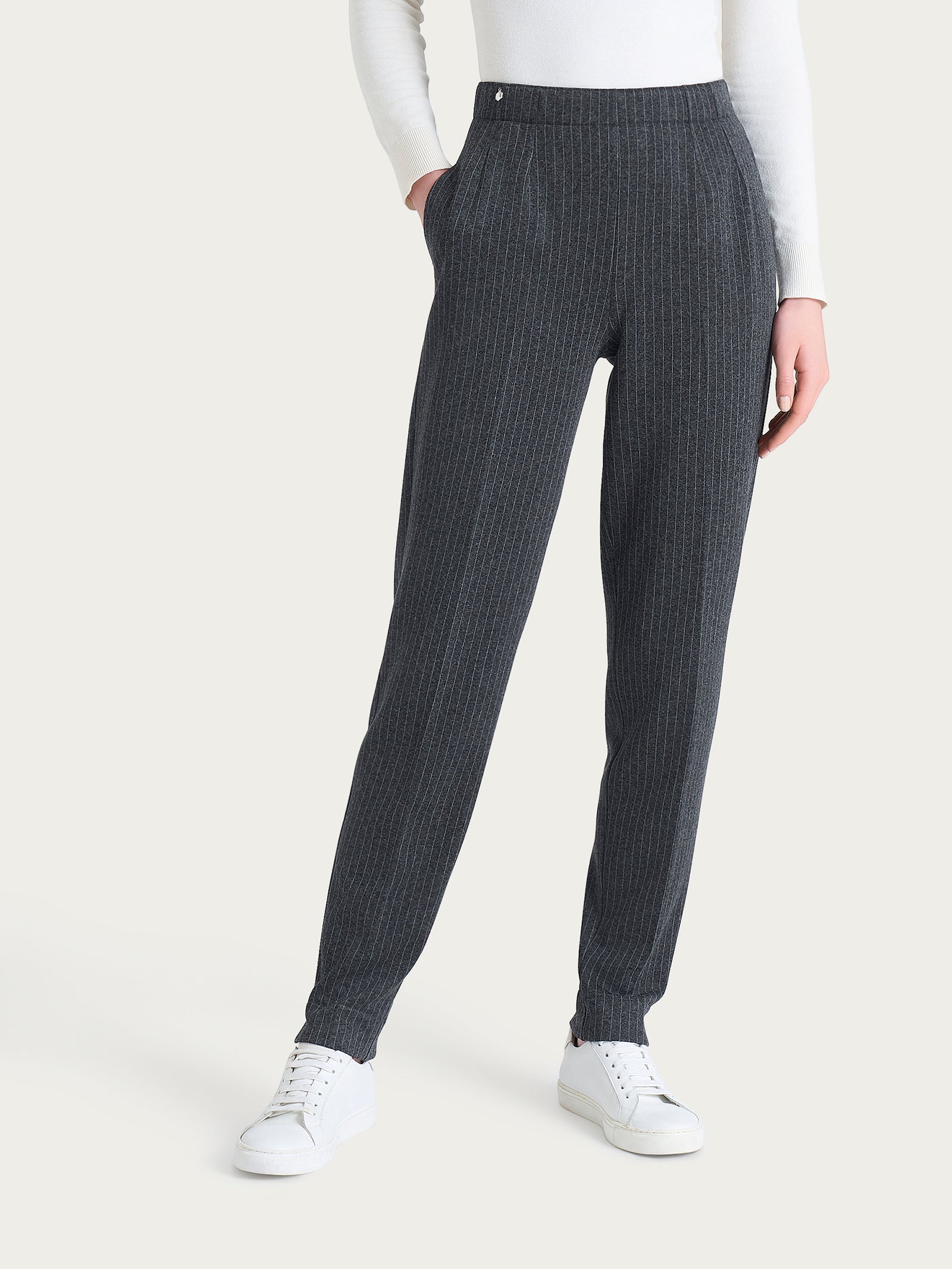 Pantalone gessato a sigaretta con spacchetti in Eco Jacquard Neri Donna - Ragno
