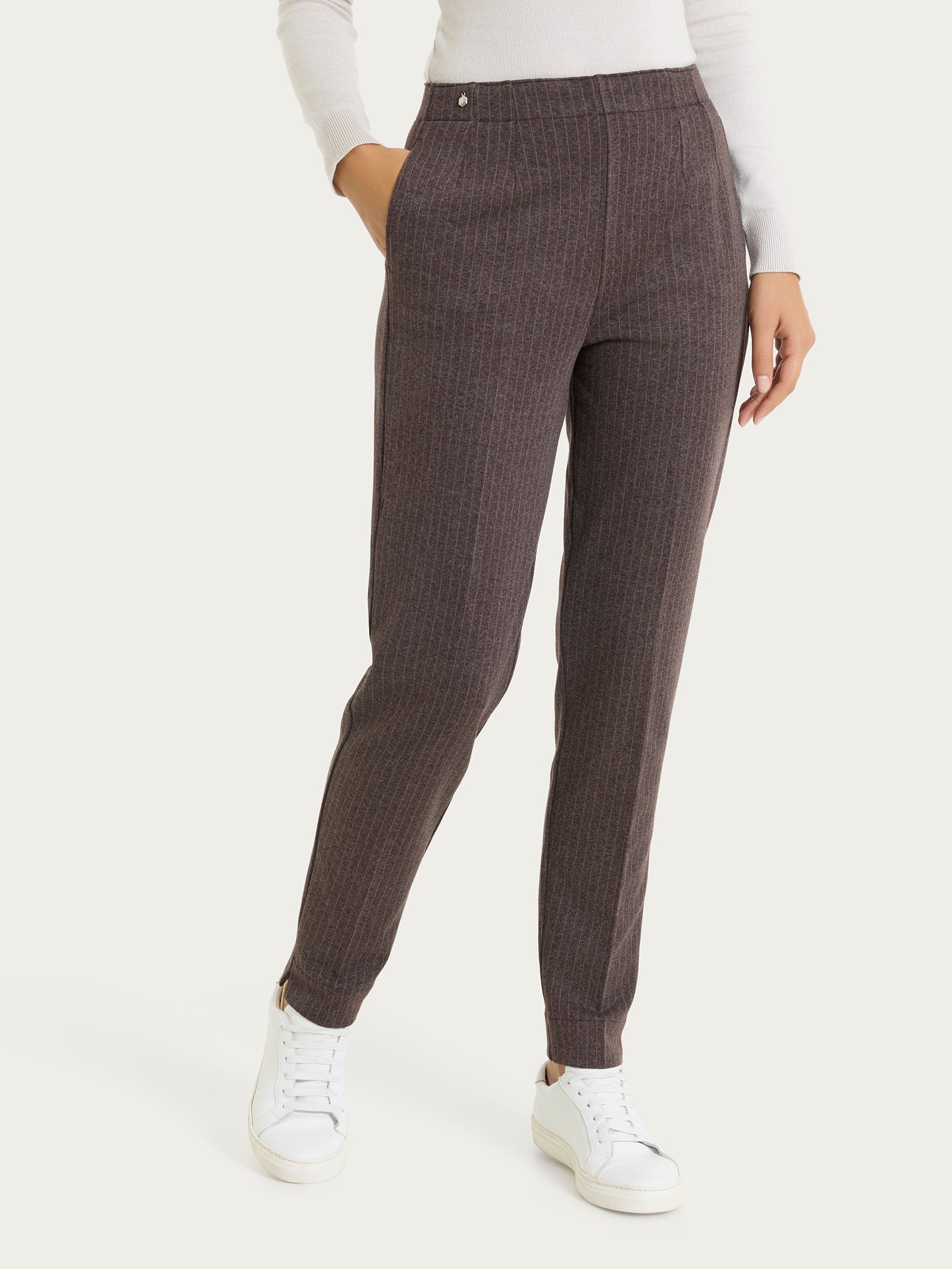 Pantalone gessato a sigaretta con spacchetti in Eco Jacquard Marroni Donna - Ragno