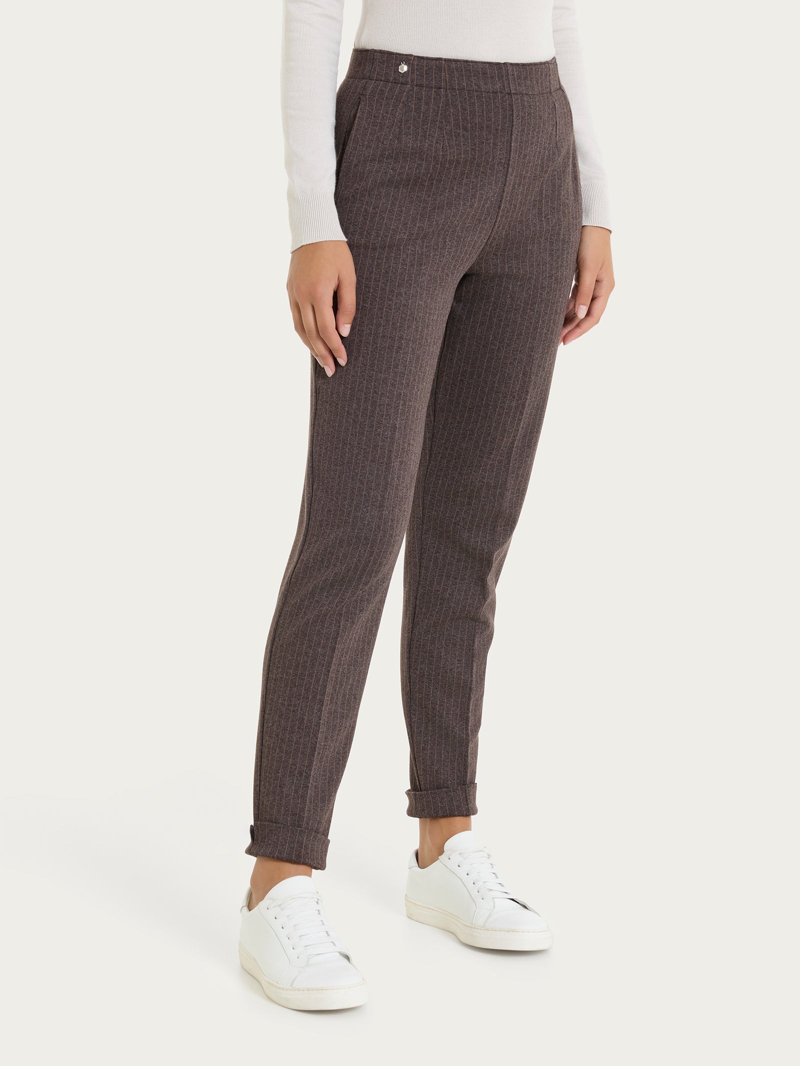 Pantalone gessato a sigaretta con spacchetti in Eco Jacquard Marroni Donna - Ragno