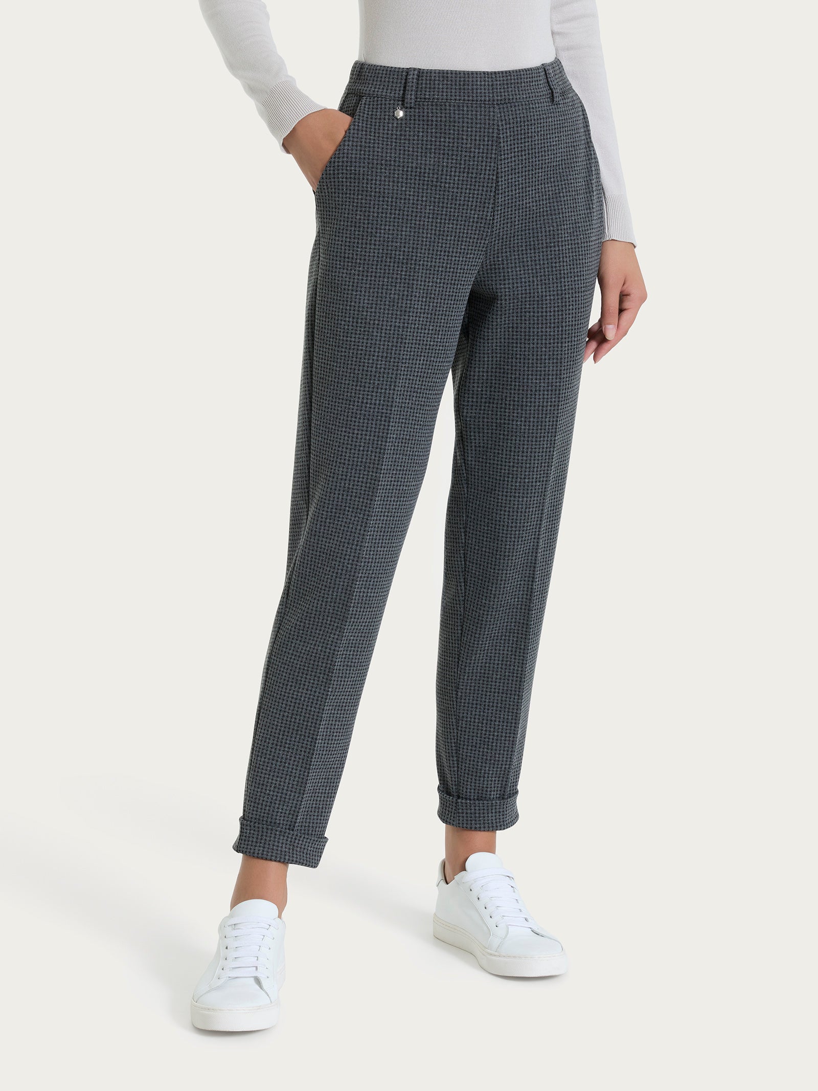 Pantalone chino slim con tasche e micro check in Eco Jacquard Neri Donna - Ragno