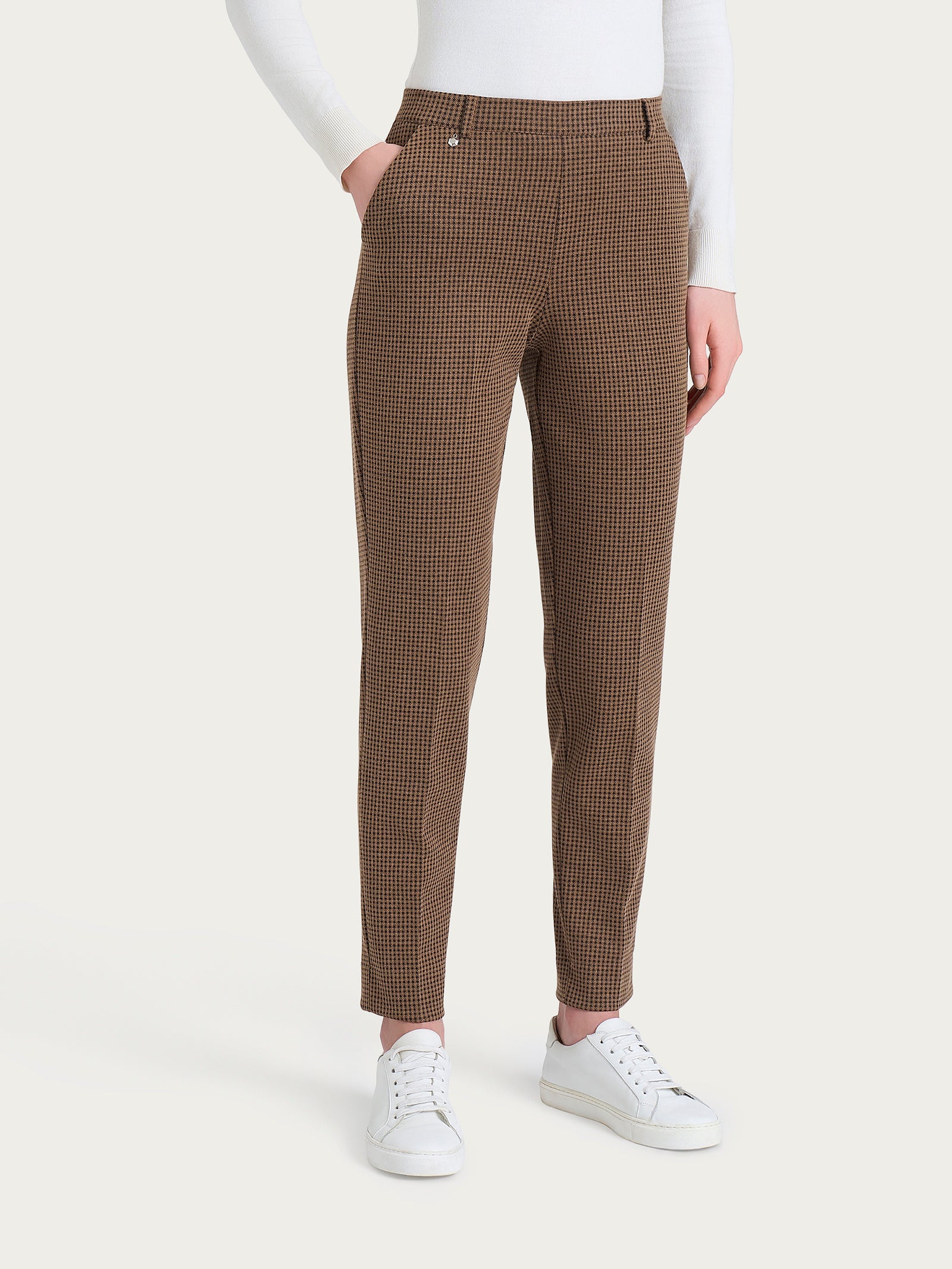 Pantalone chino slim con tasche e micro check in Eco Jacquard Marroni Donna - Ragno