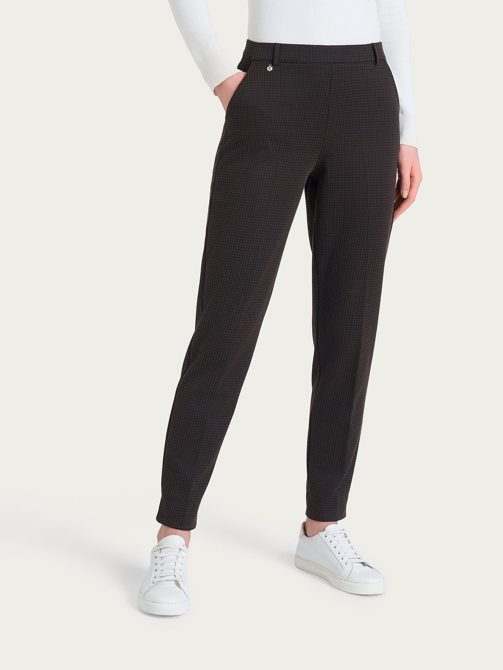 Pantalone chino slim con tasche e micro check in Eco Jacquard Marroni Donna - Ragno