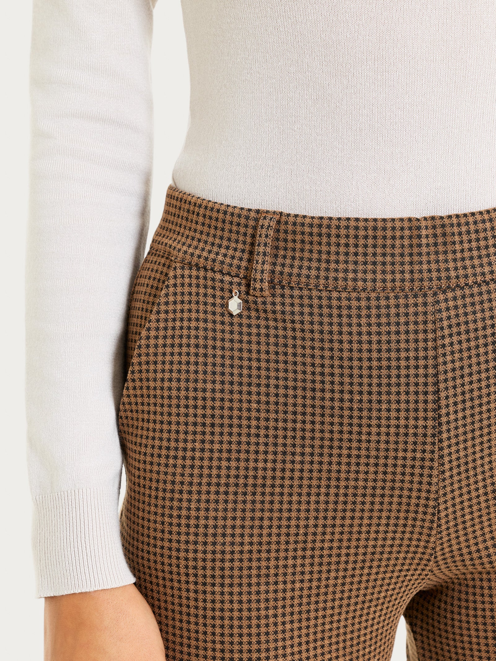 Pantalone dritto con tasche e micro check in Eco Jacquard  Marroni Donna - Ragno
