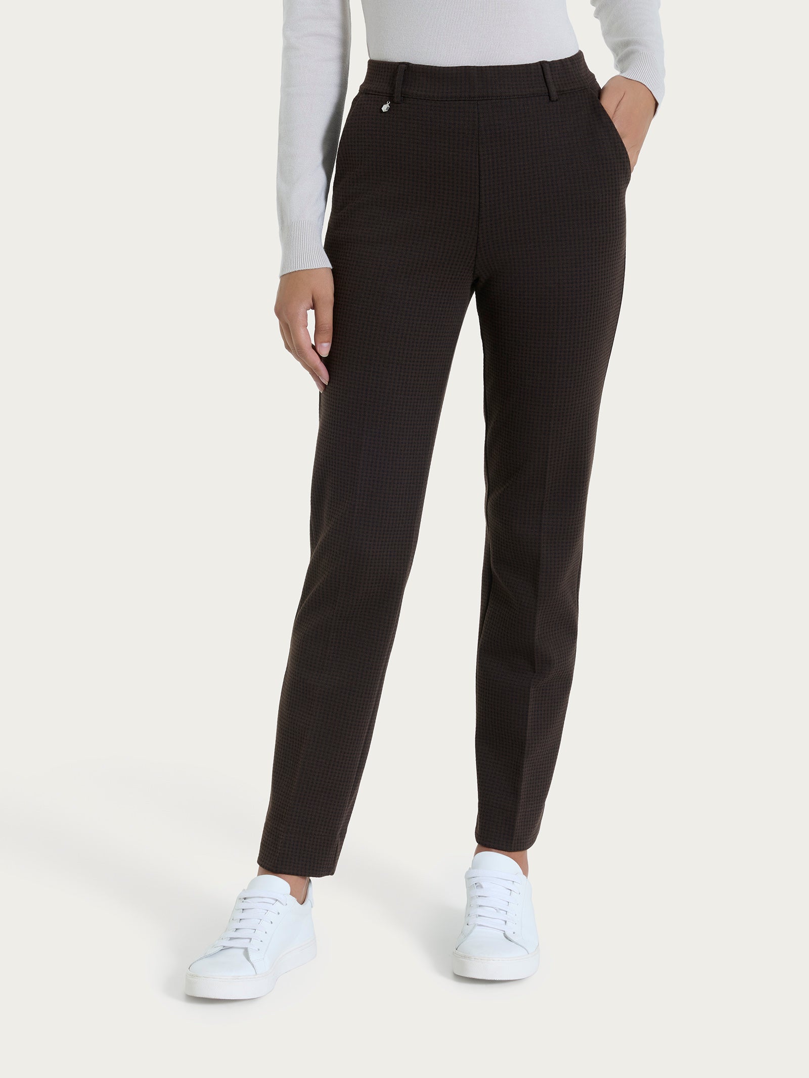 Pantalone dritto con tasche e micro check in Eco Jacquard  Marroni Donna - Ragno