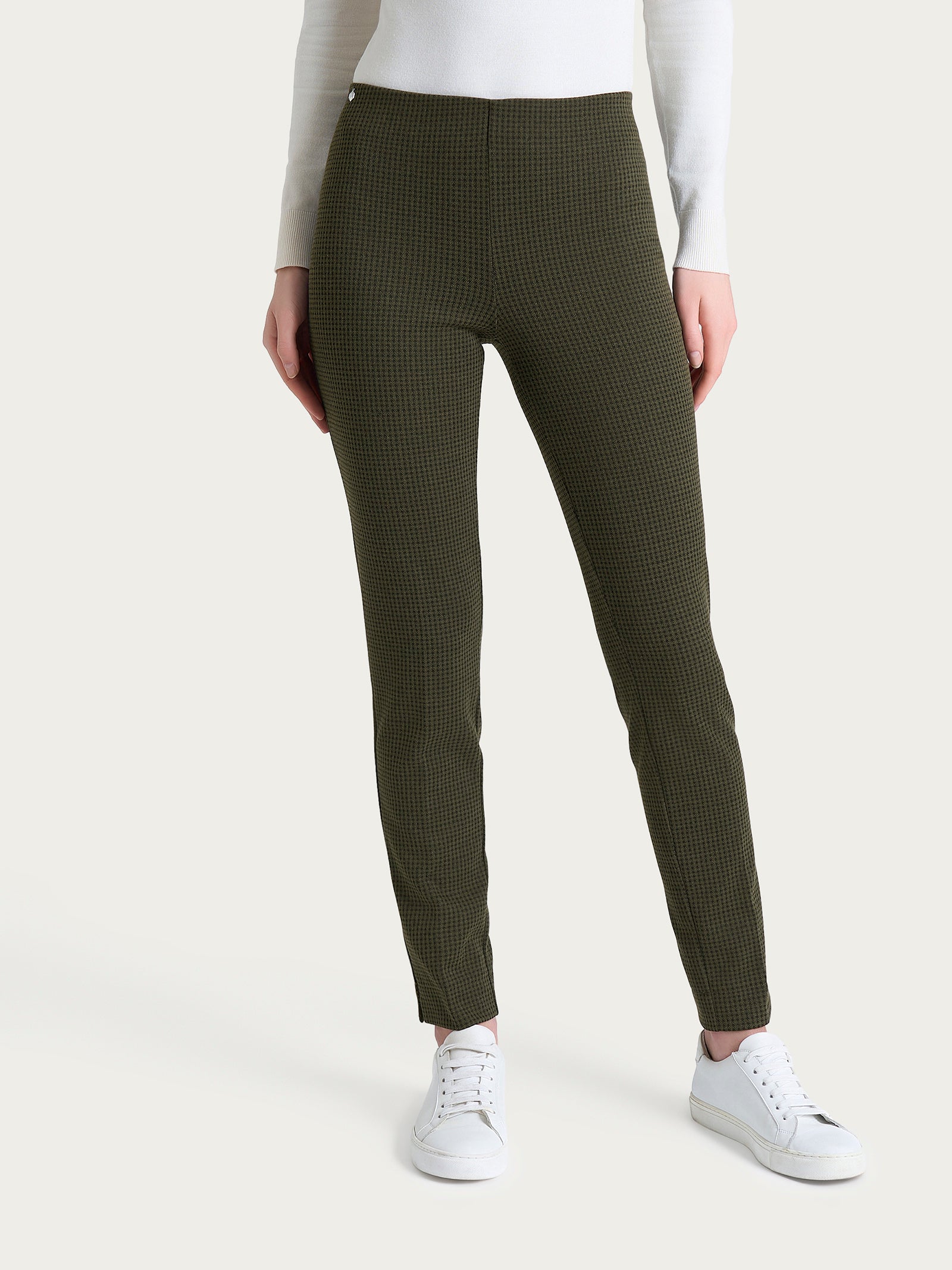 Pantalone a sigaretta con spacchetti e micro check in Eco Jacquard Verdi Donna - Ragno