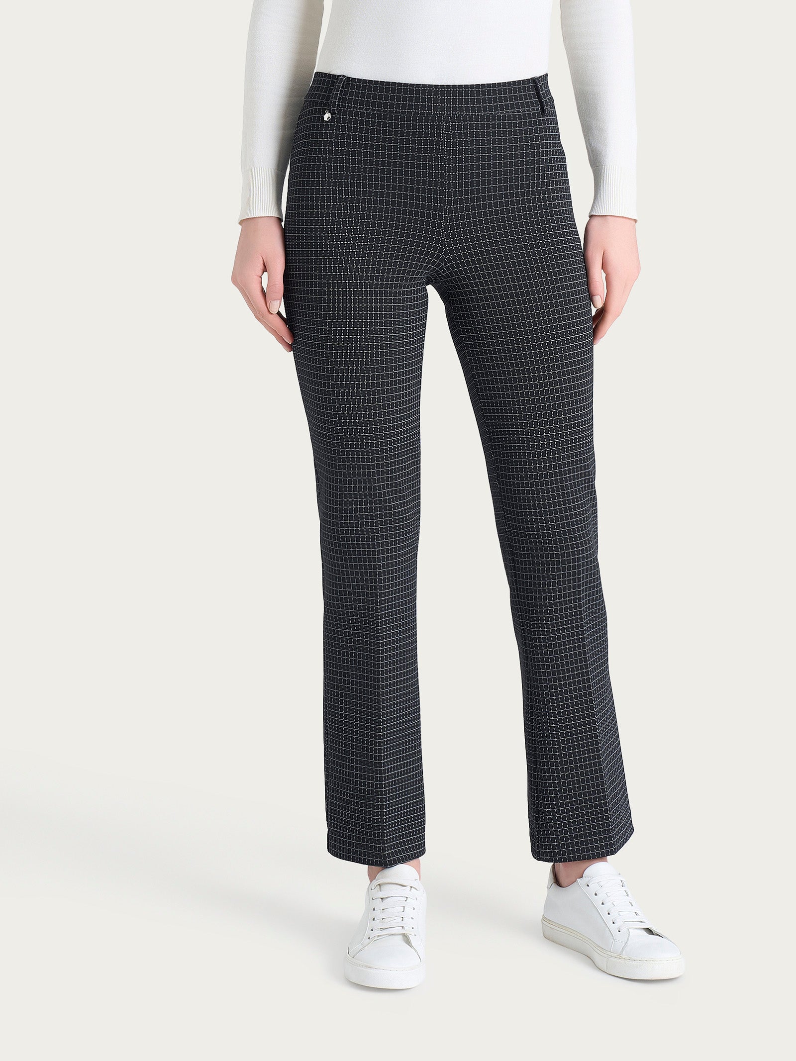 Pantalone flare alla caviglia con fantasia check in Eco Jacquard Neri Donna - Ragno
