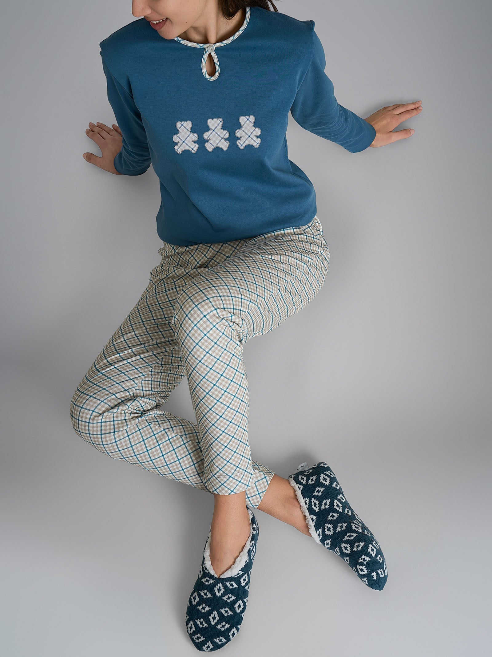 Pigiama con scollo a goccia e dettaglio in Interlock di cotone 40-54 Azzurri Donna - Ragno