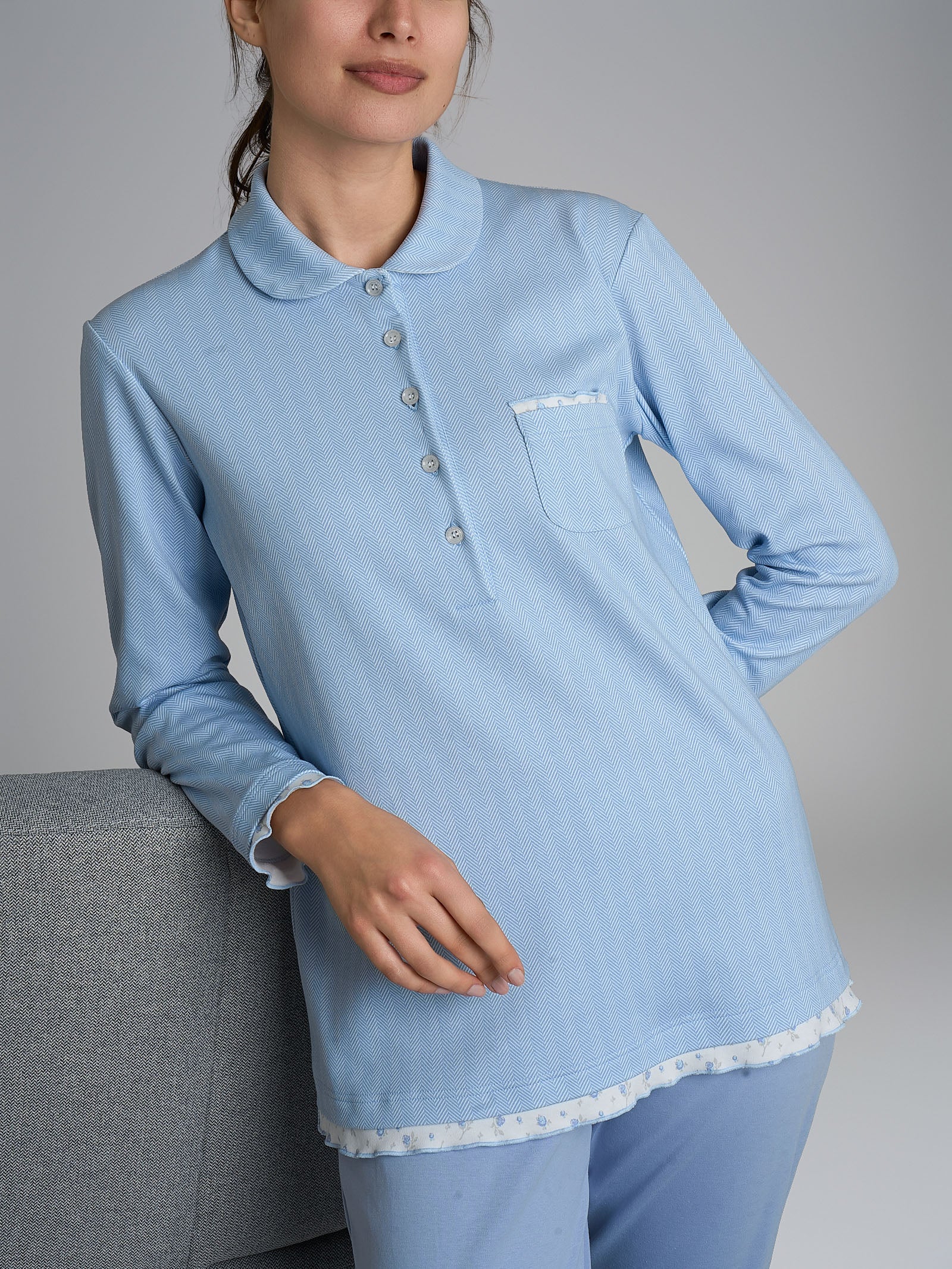 Pigiama a serafino con colletto in Interlock di cotone Azzurri Donna - Ragno