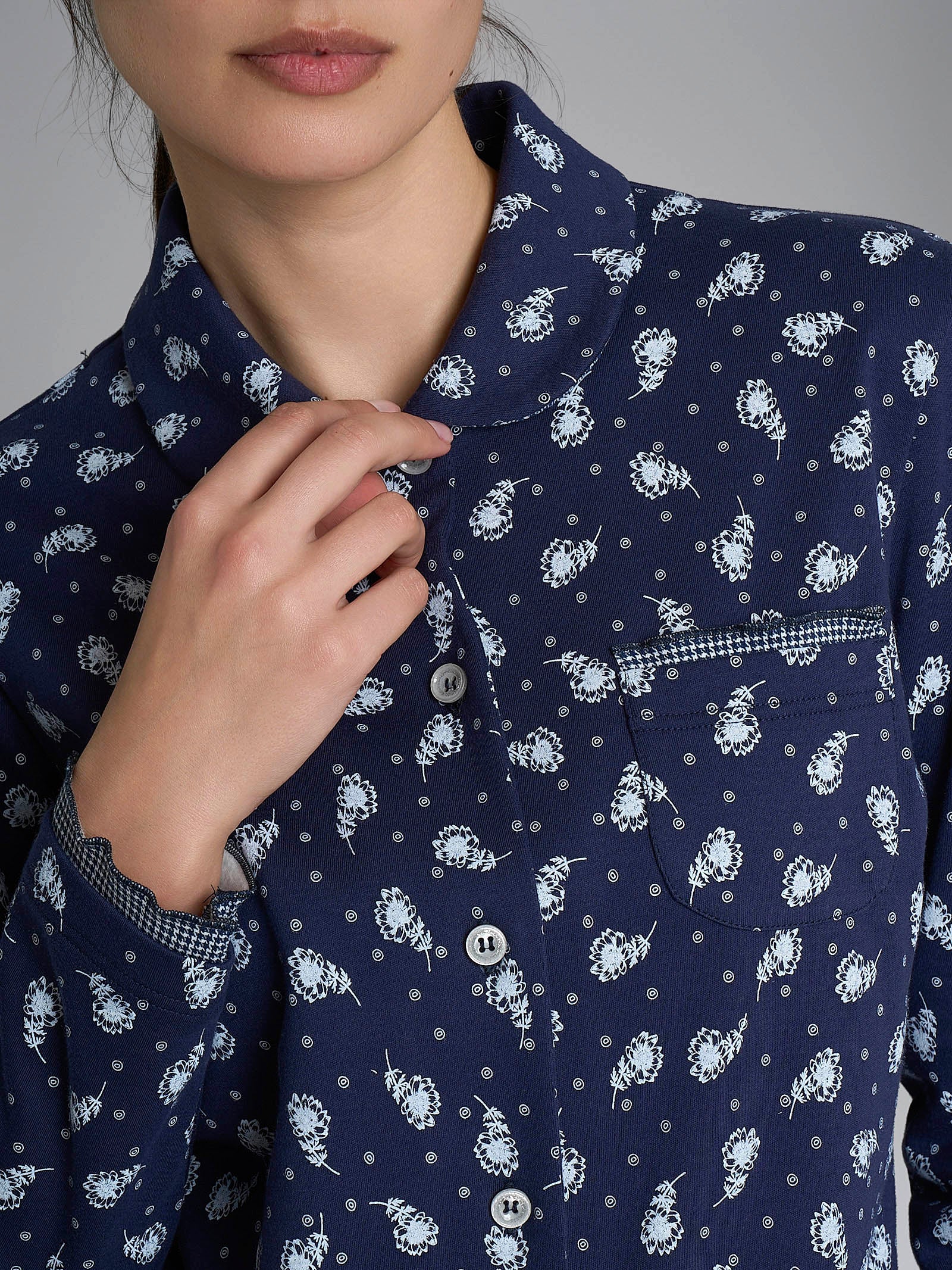 Pigiama aperto con colletto in Interlock di cotone Blu Donna - Ragno