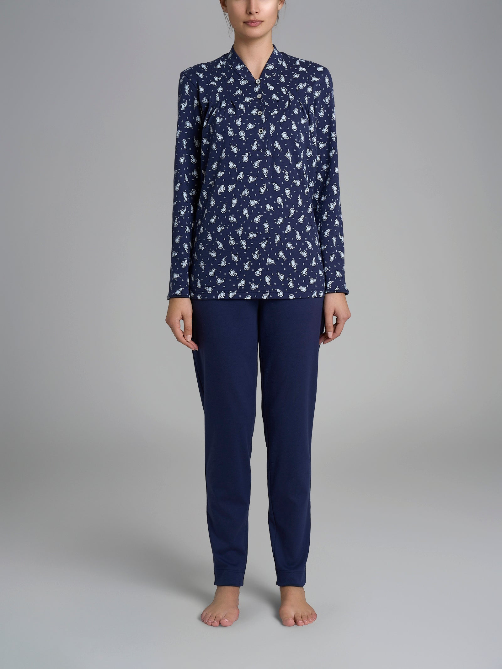 Pigiama a serafino con pieghe in Interlock di cotone 40-54 Blu Donna - Ragno