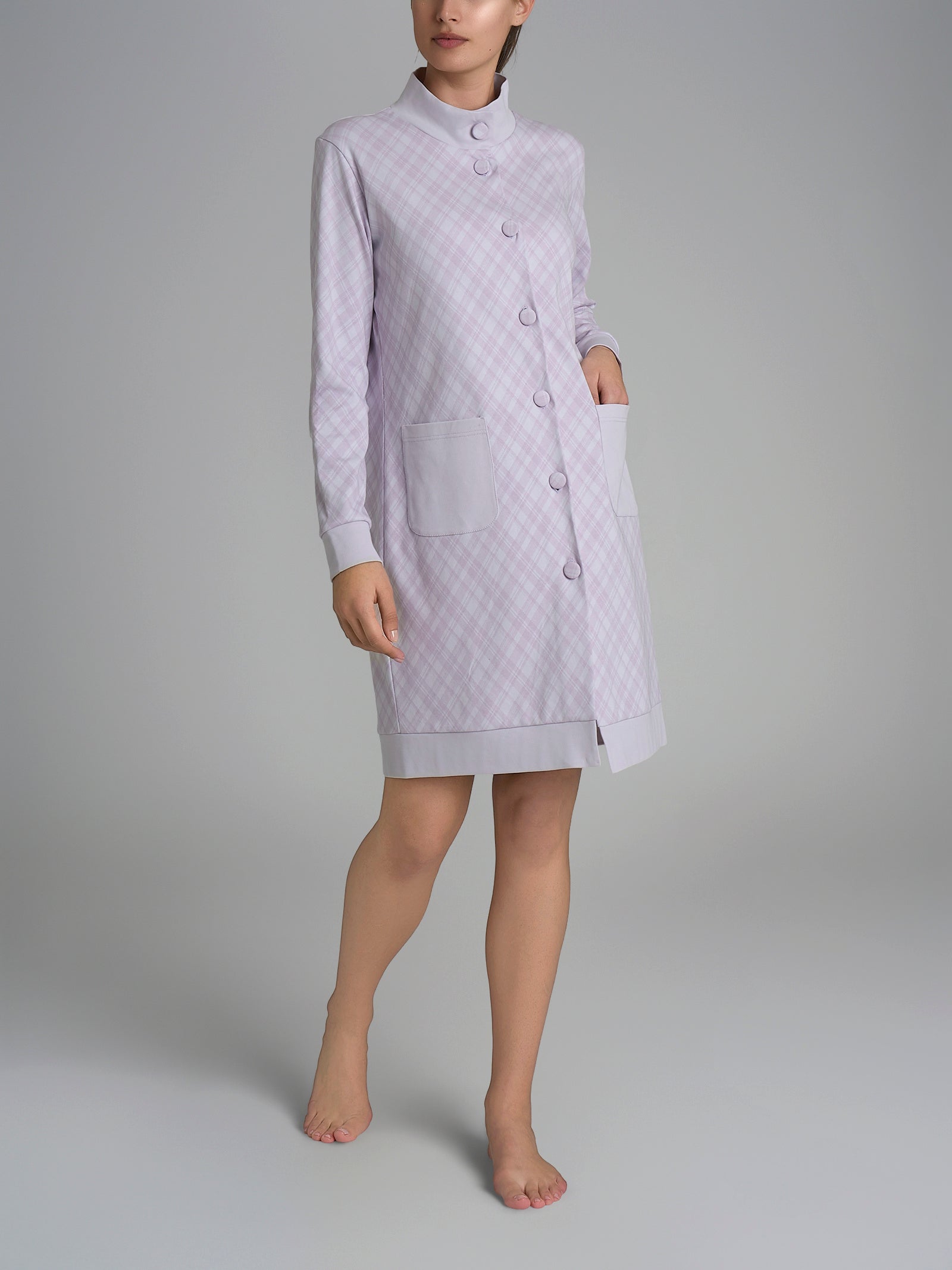 Vestaglia tartan aperta con collo alto in Interlock di cotone Viola Donna - Ragno