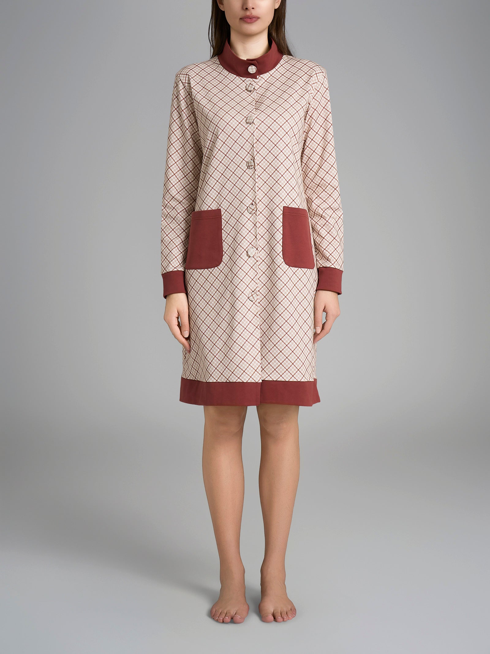 Vestaglia tartan aperta con collo alto in Interlock di cotone Rossi Donna - Ragno