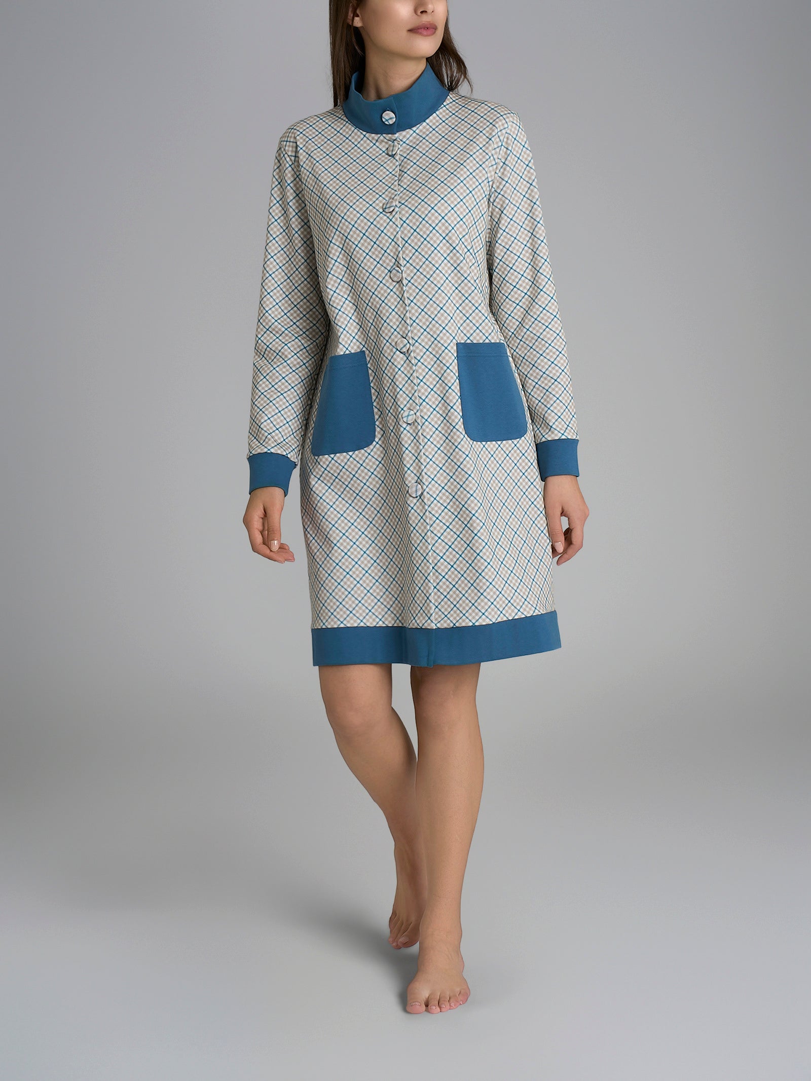 Vestaglia tartan aperta con collo alto in Interlock di cotone Azzurri Donna - Ragno