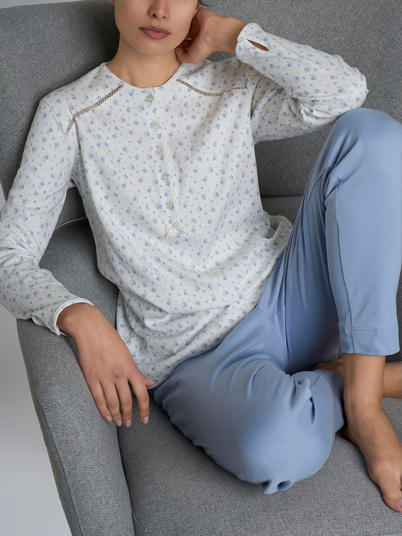 Pigiama a serafino con dettagli in Interlock di cotone 40-54 Azzurri Donna - Ragno
