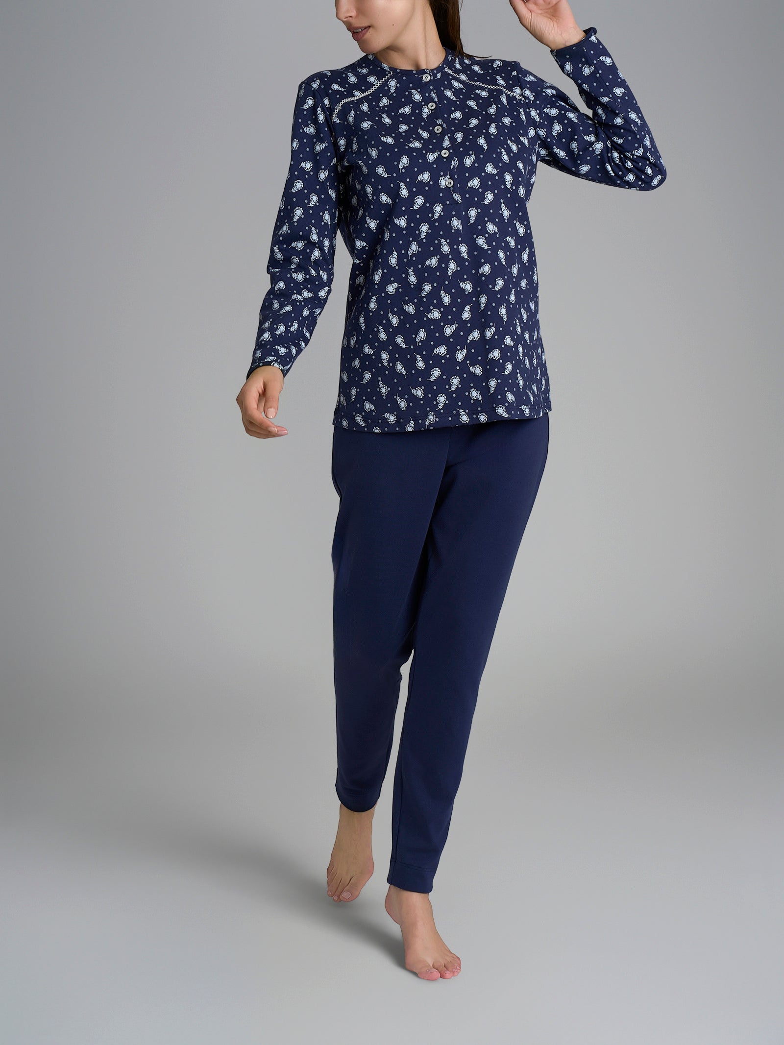 Pigiama a serafino con dettagli in Interlock di cotone 40-54 Blu Donna - Ragno
