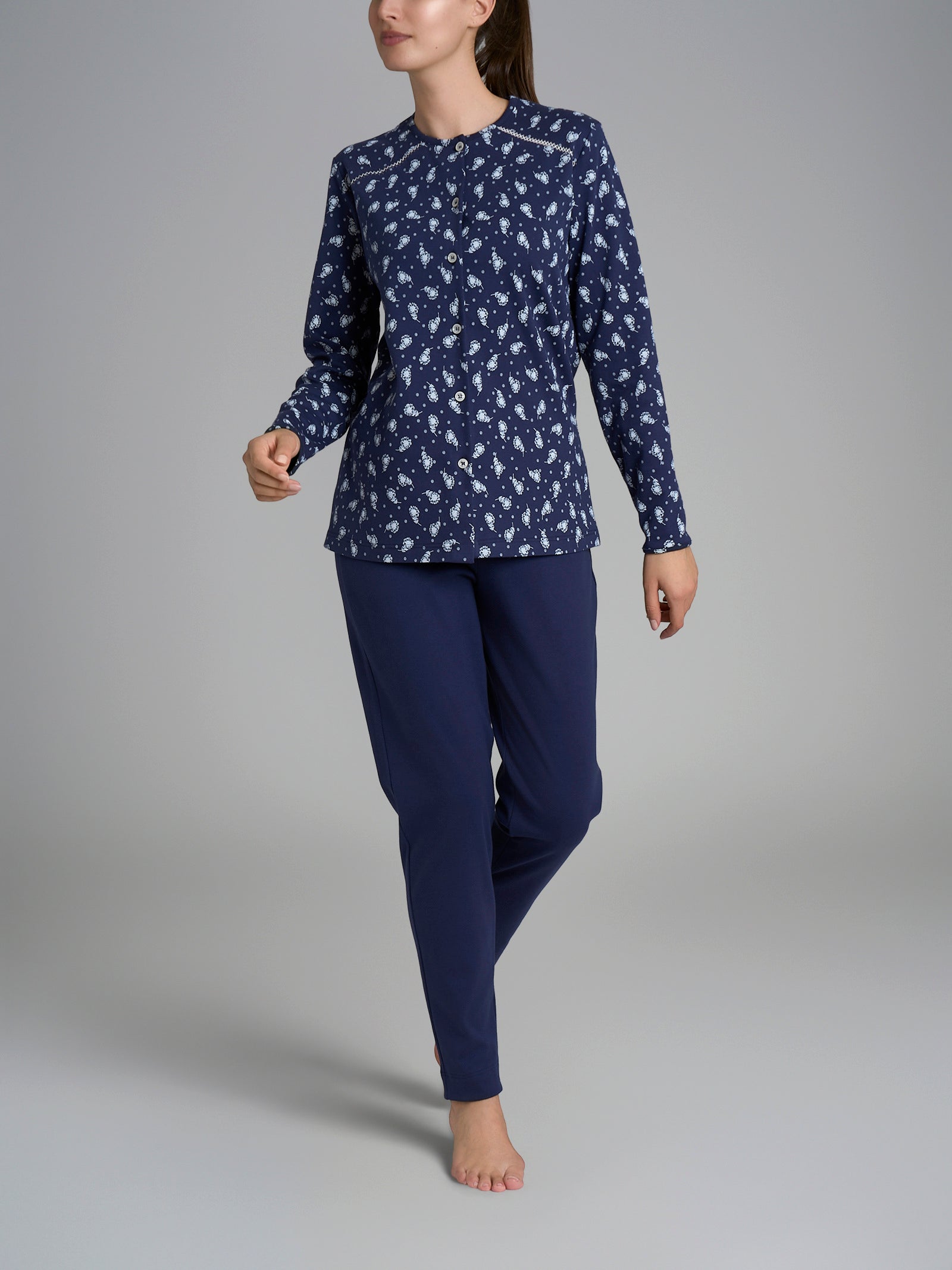 Pigiama aperto con dettagli in Interlock di cotone 40-54 Blu Donna - Ragno