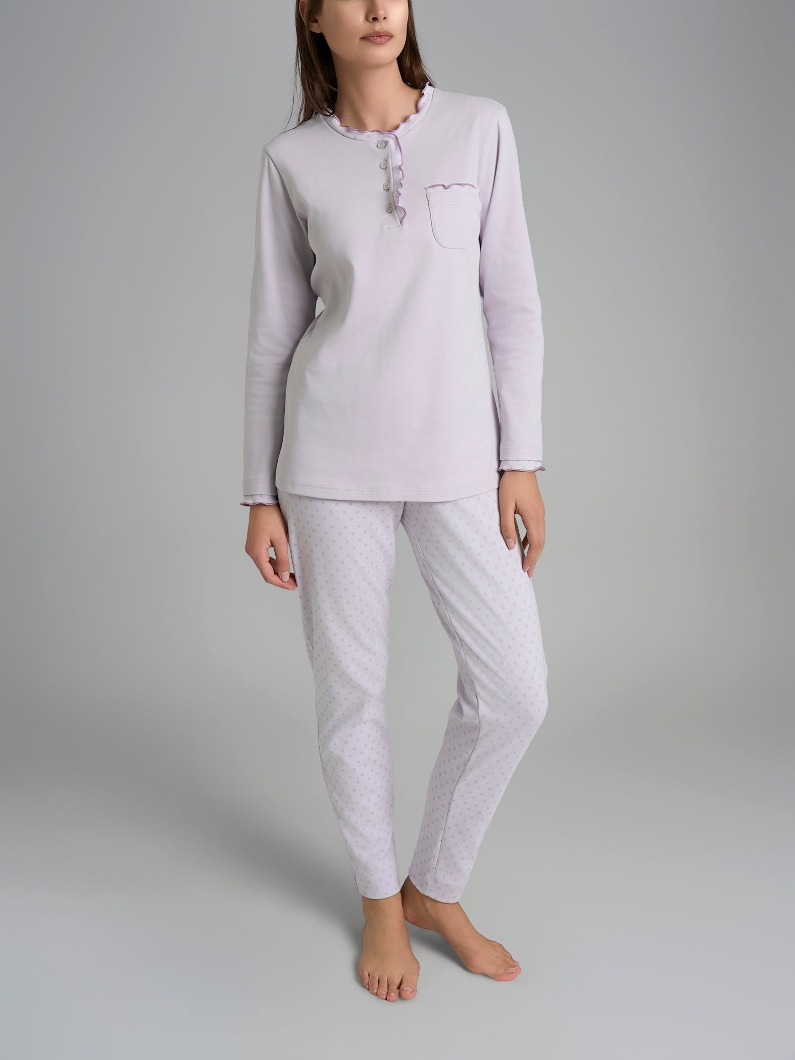 Pigiama a serafino con rouches in Interlock di cotone Viola Donna - Ragno
