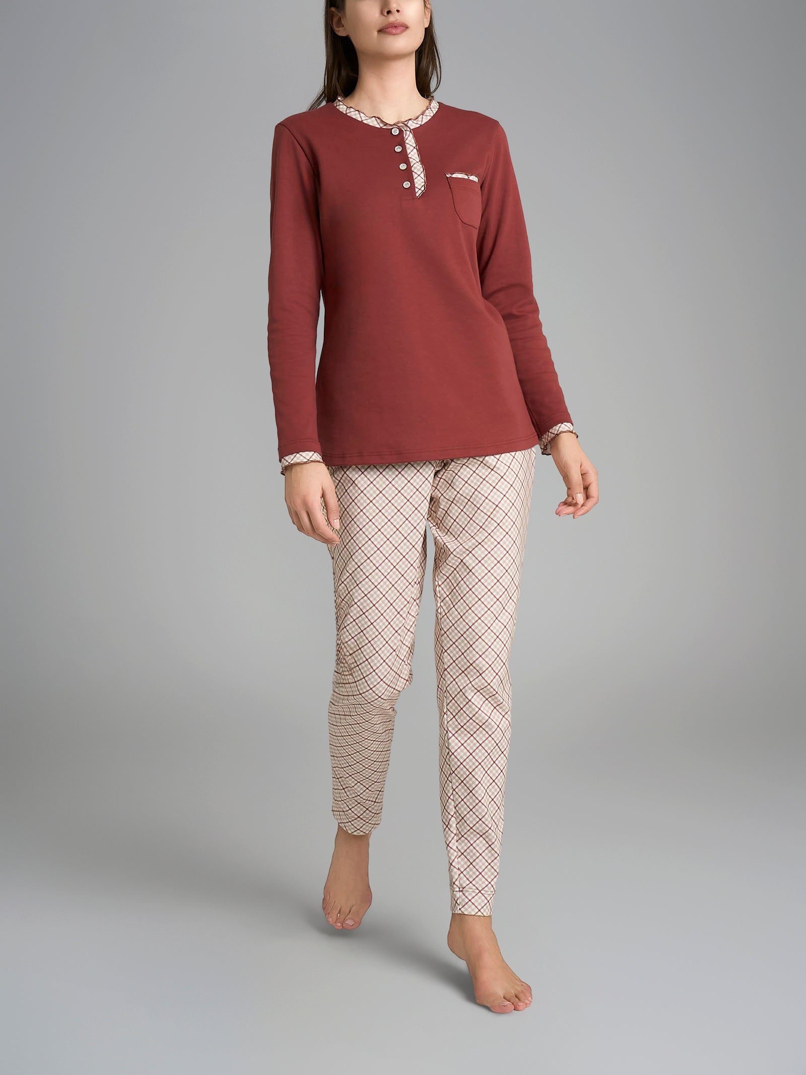 Pigiama a serafino con rouches in Interlock di cotone Rossi Donna - Ragno