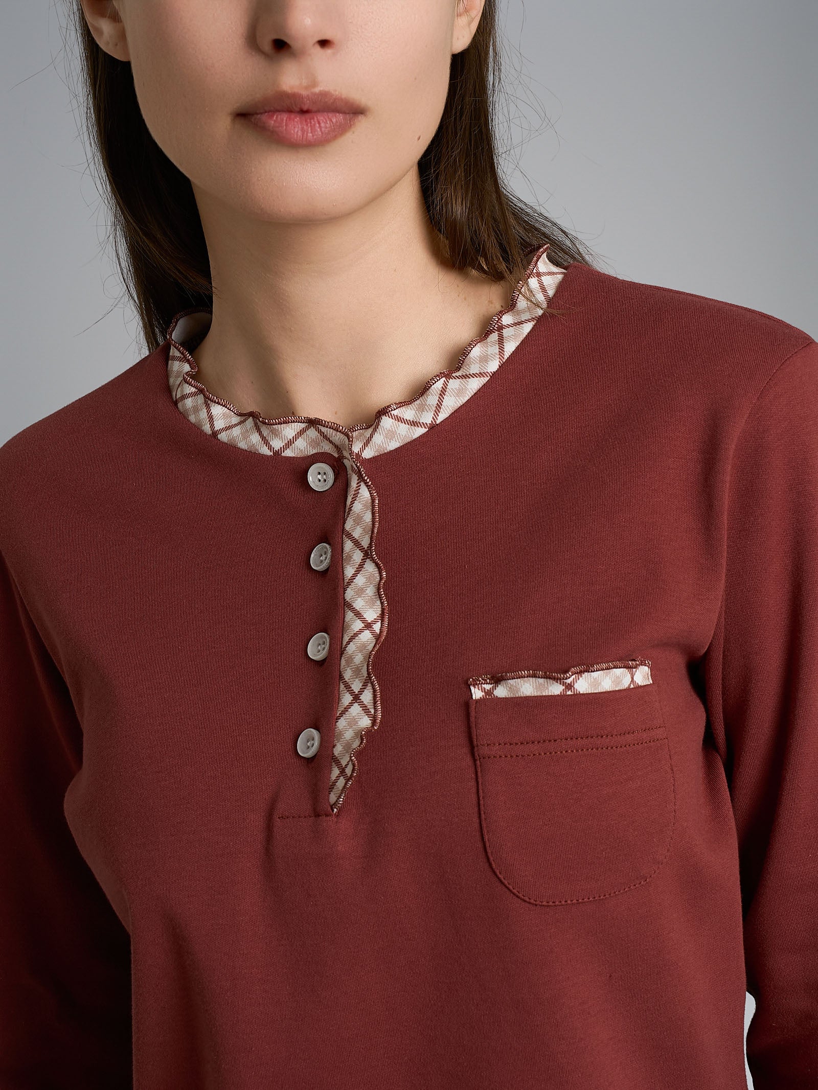 Pigiama a serafino con rouches in Interlock di cotone Rossi Donna - Ragno