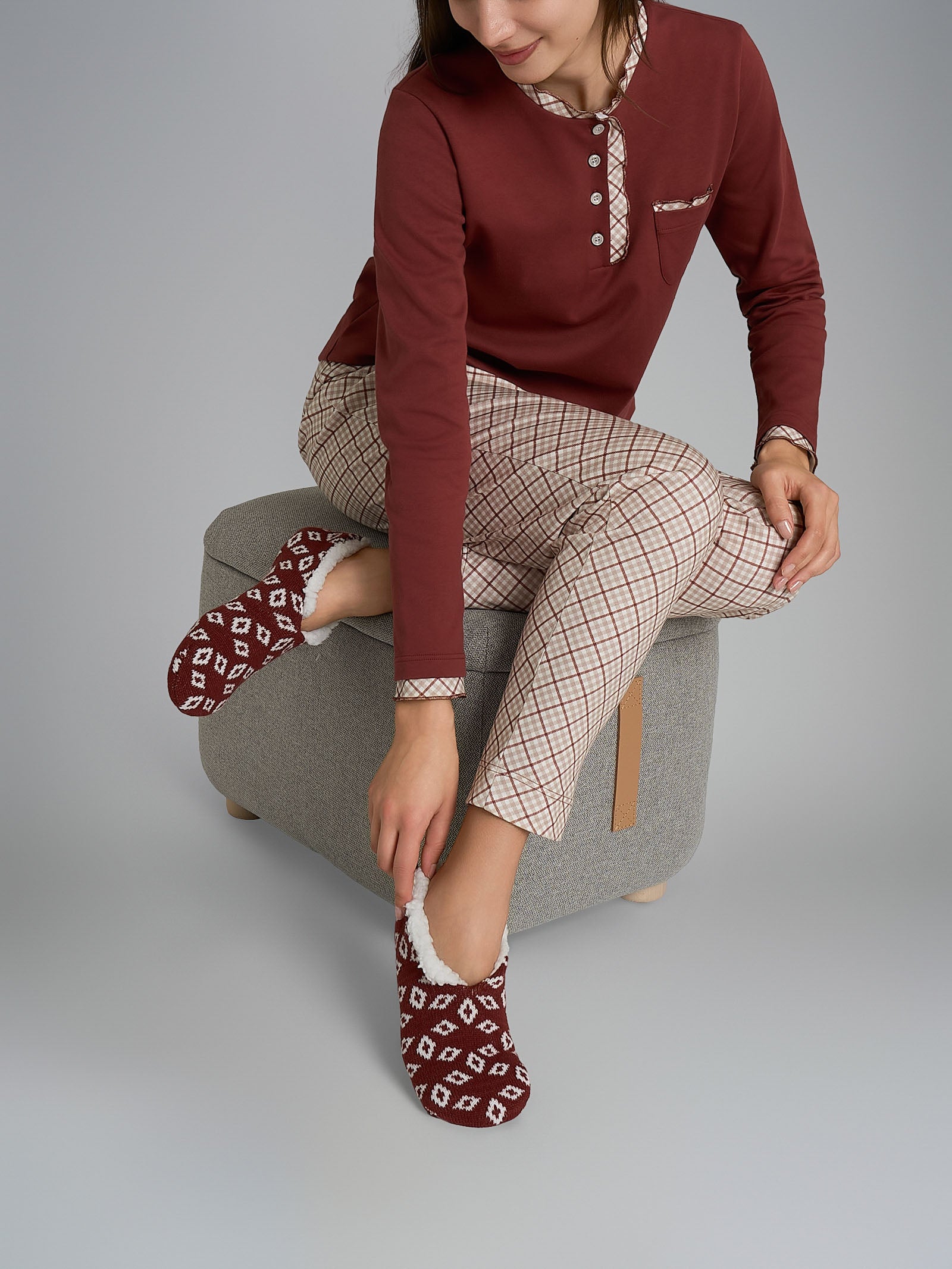 Pigiama a serafino con rouches in Interlock di cotone Rossi Donna - Ragno