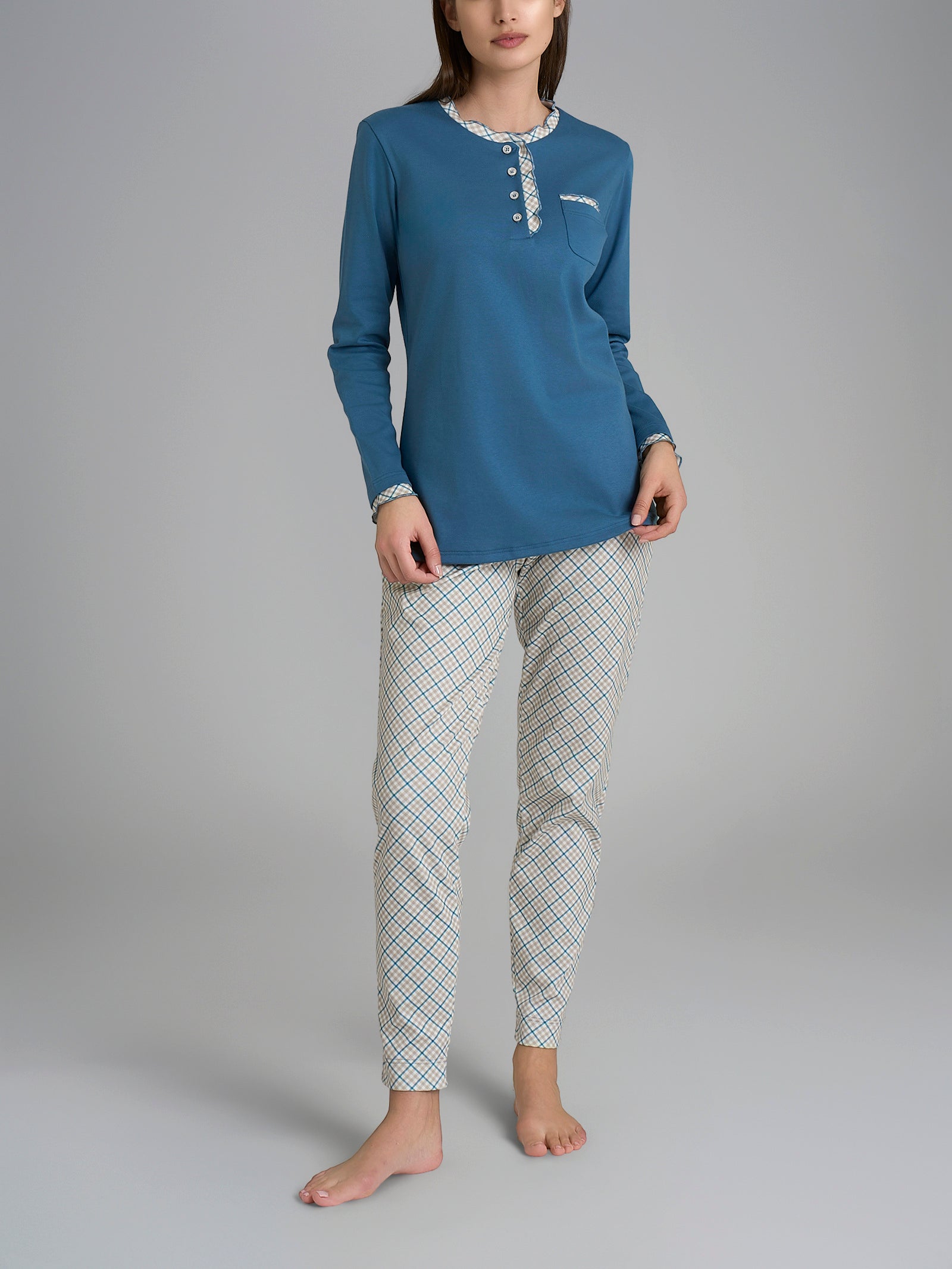 Pigiama a serafino con rouches in Interlock di cotone Azzurri Donna - Ragno
