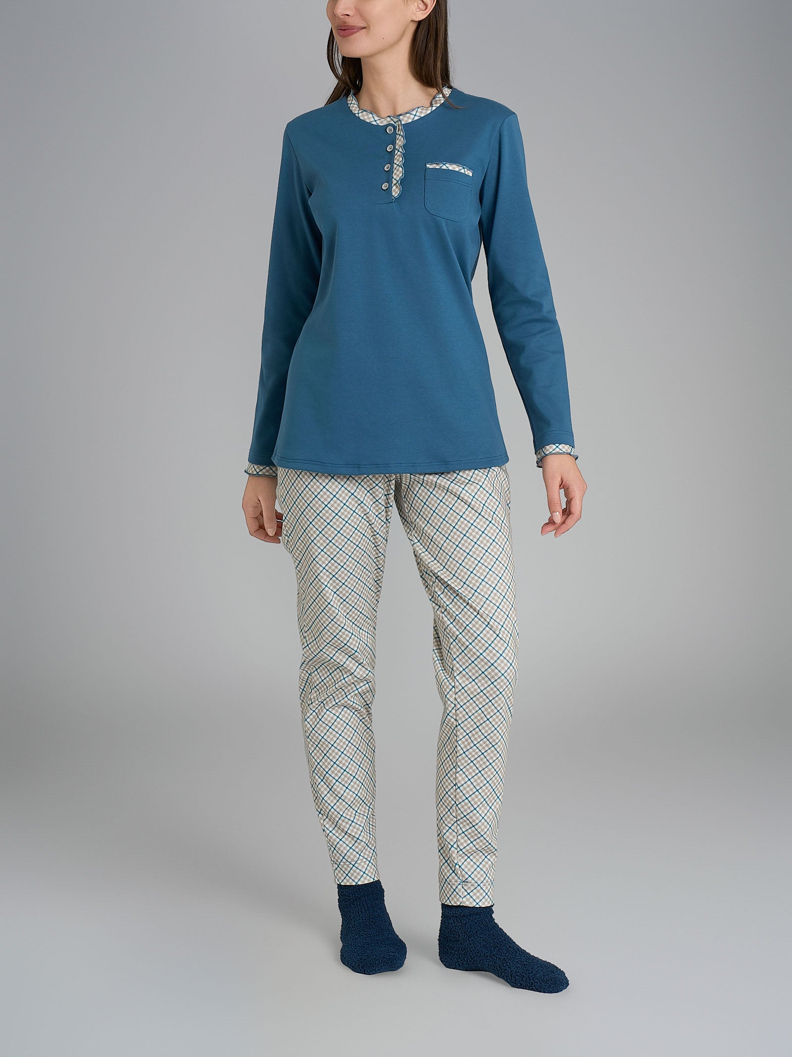 Pigiama a serafino con rouches in Interlock di cotone Azzurri Donna - Ragno