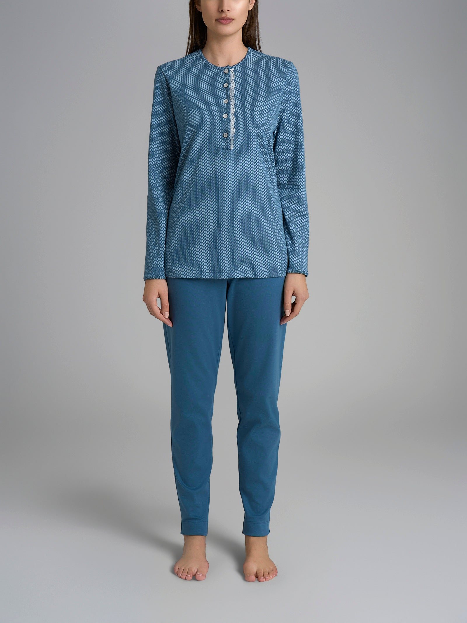 Pigiama a serafino con pizzo in Interlock di cotone 40-54 Azzurri Donna - Ragno