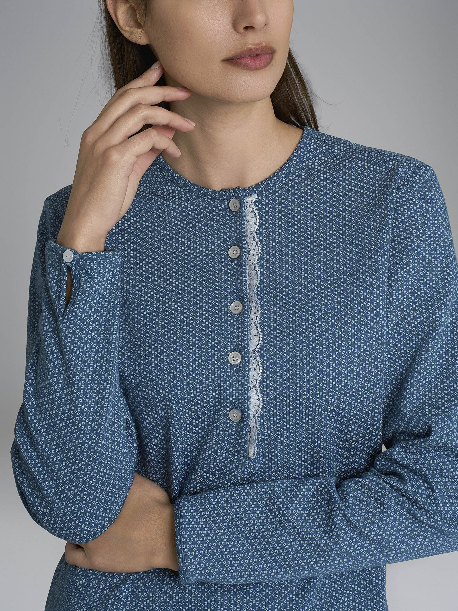 Pigiama a serafino con pizzo in Interlock di cotone 40-54 Azzurri Donna - Ragno