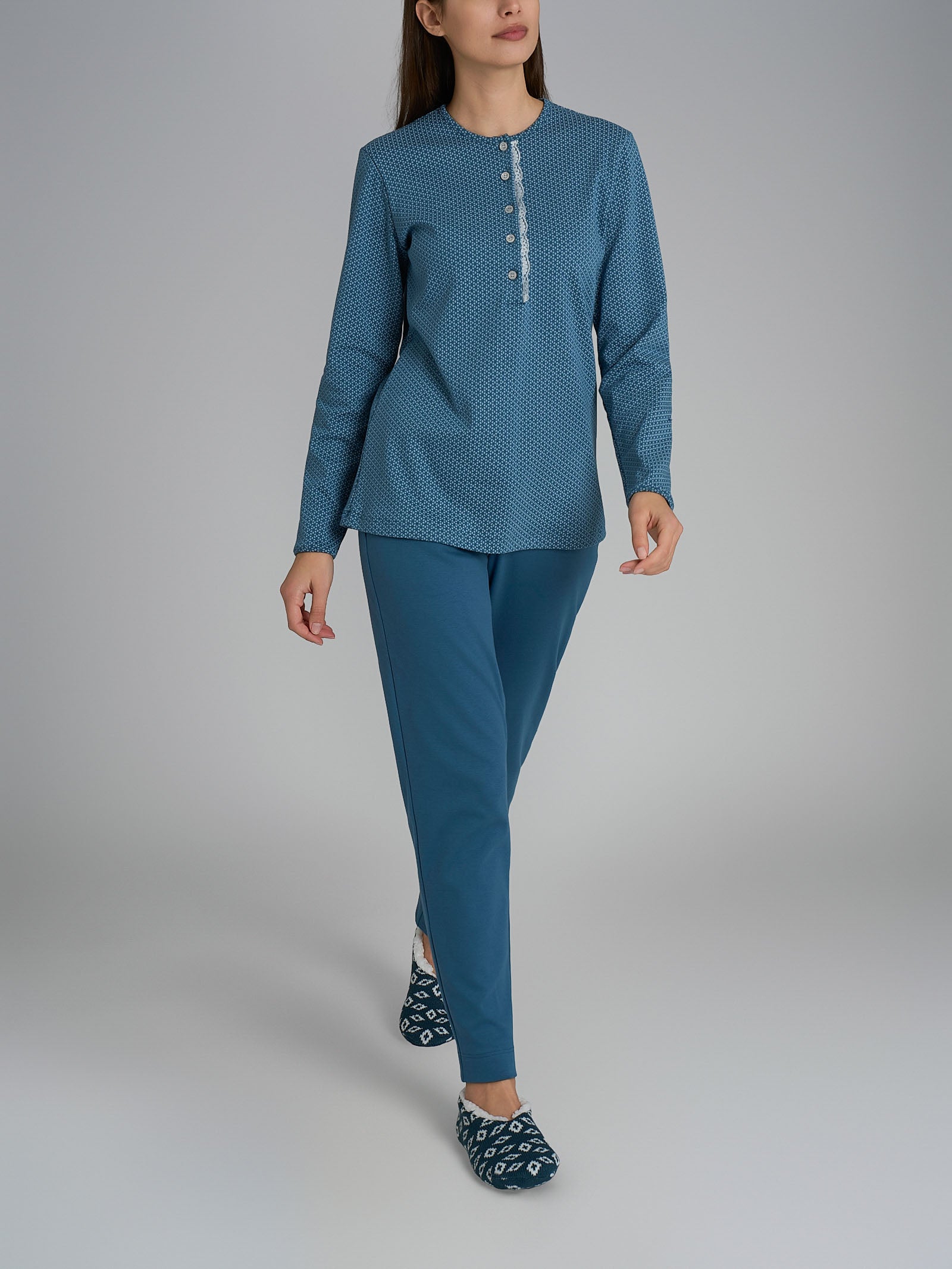 Pigiama a serafino con pizzo in Interlock di cotone 40-54 Azzurri Donna - Ragno