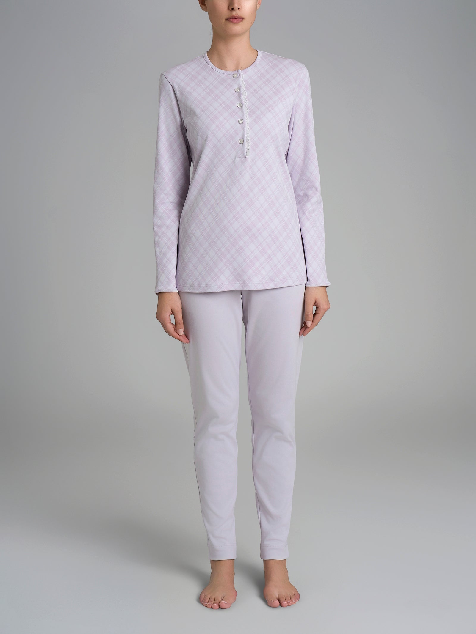 Pigiama a serafino con pizzo in Interlock di cotone 56-60 Viola Donna - Ragno